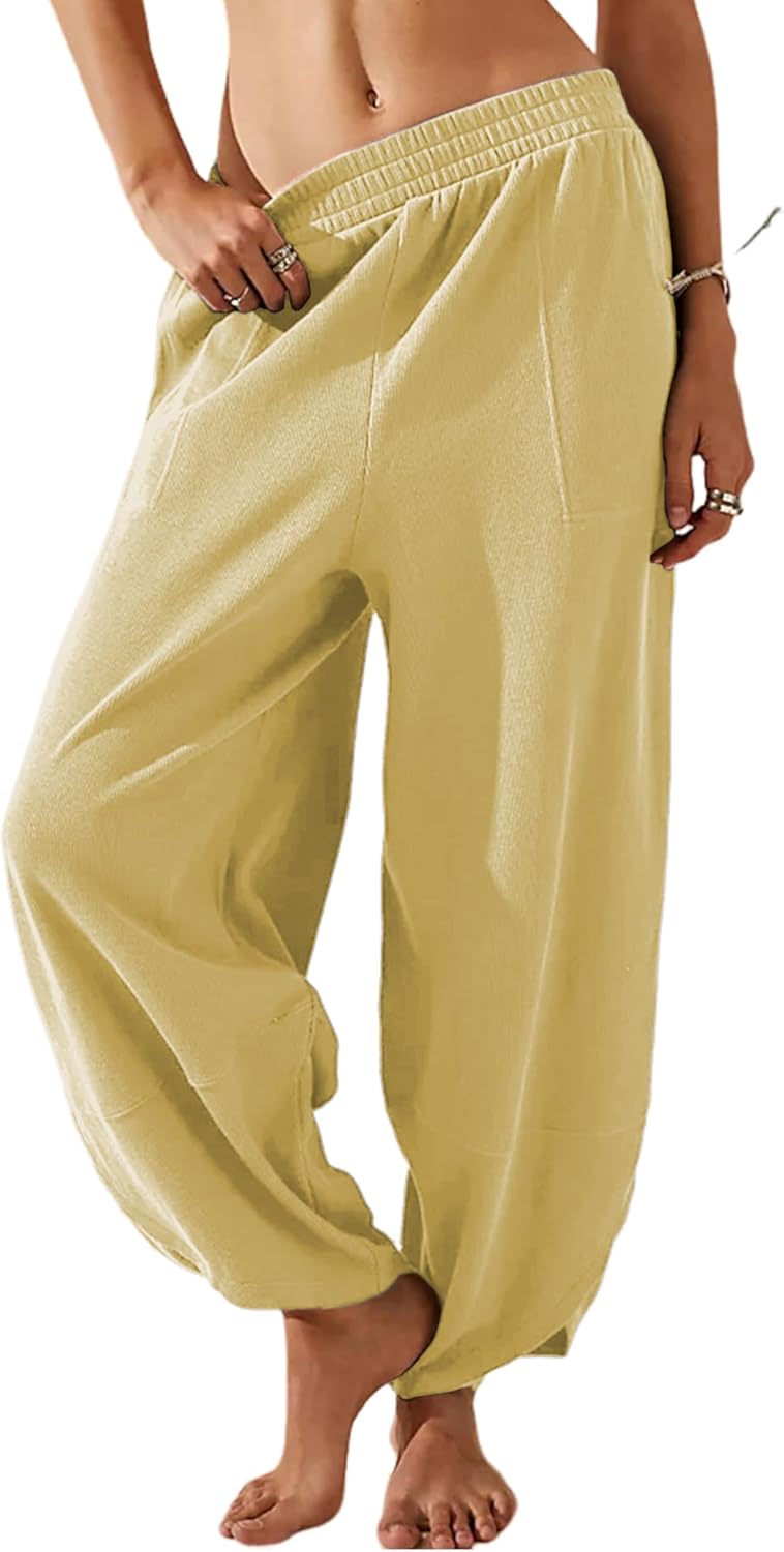 Springrain Womens Baggy Wide Leg Pants Cotton Elastic Waisted Loose Palazzo Harem Pants with Pockets