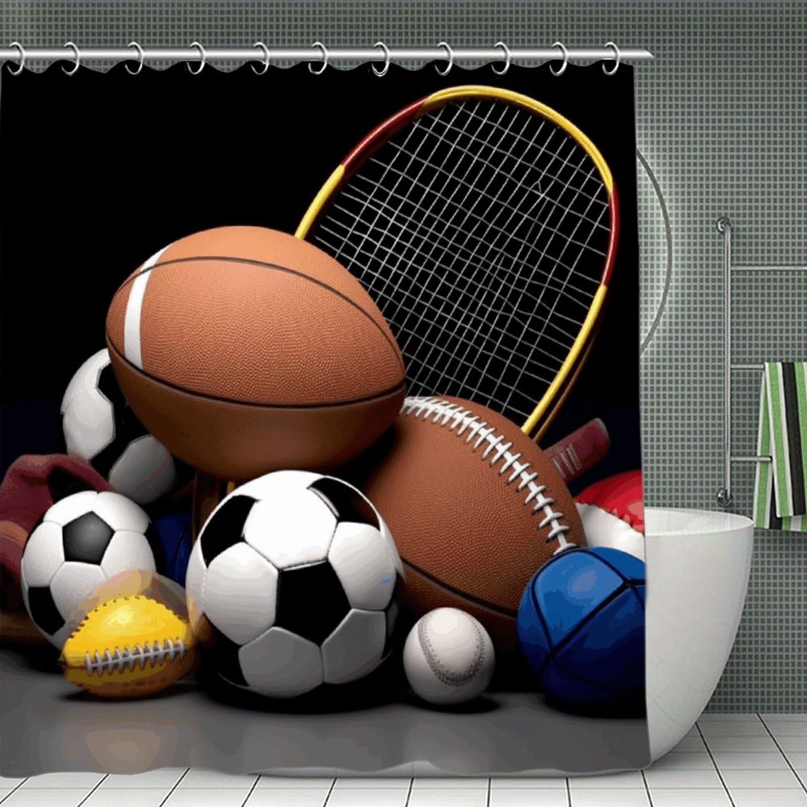 FekiLoot Sports Themed Shower Curtain with Hooks Modern Farmhouse Bathroom Curtain Waterproof Cloth Bath Curtains Cute Washable Blackout Privacy Curtains for Bathroom Bathtub 70.8"x70.8"