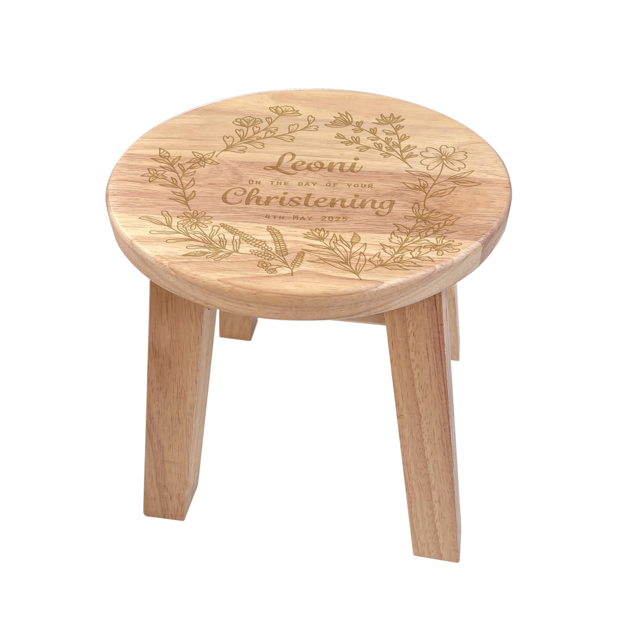 Personalised Wooden Christening Stool - Engraved Child's Name & Date, Floral Pattern Design, Solid Wood Toddler Seat, Nursery Decor Gift for Baby Girl or Boy | 26cm Wide X 26cm High โ image 1