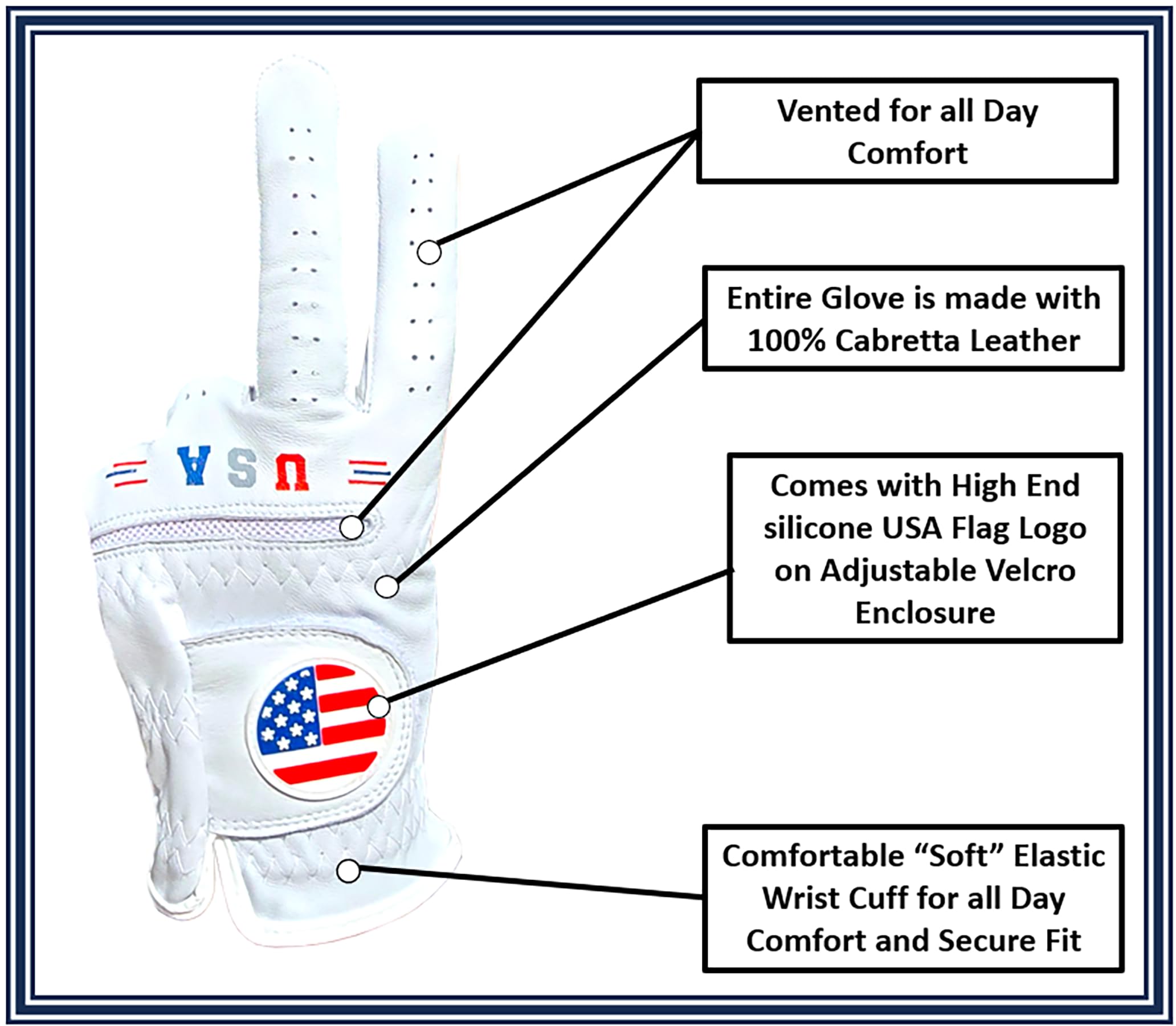 American Flag USA Golf Glove - 100% Cabretta Leather Left Right Hand Golfer Weather Grip Red White Blue Adult Size Small Medium Large XL XXL (Adult Large (Worn on Left Hand))