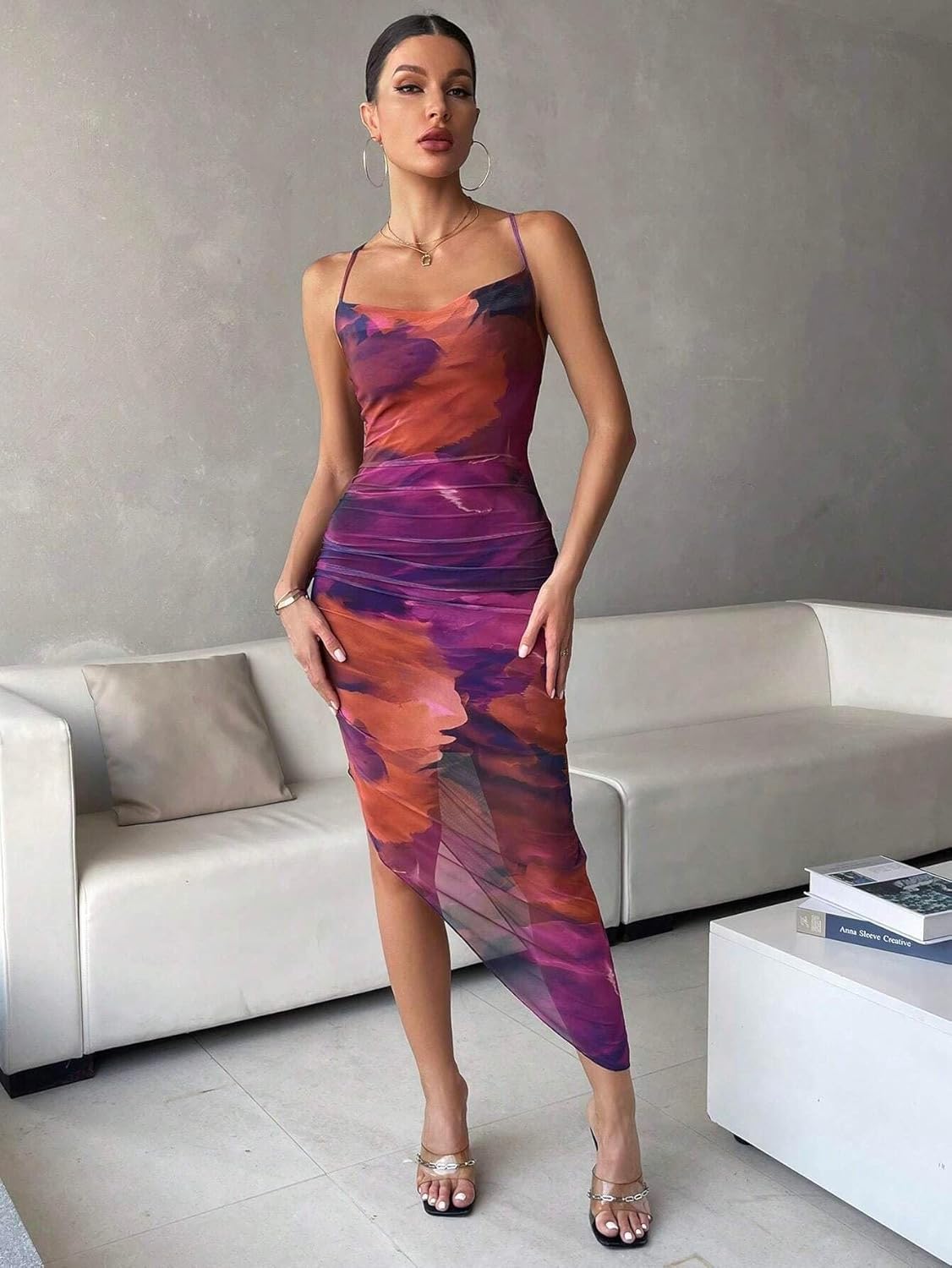 Women's Long Backless Tie Dye Bodycon Cami Dress with Cowl Neck and Split Hem Dress - Image 6