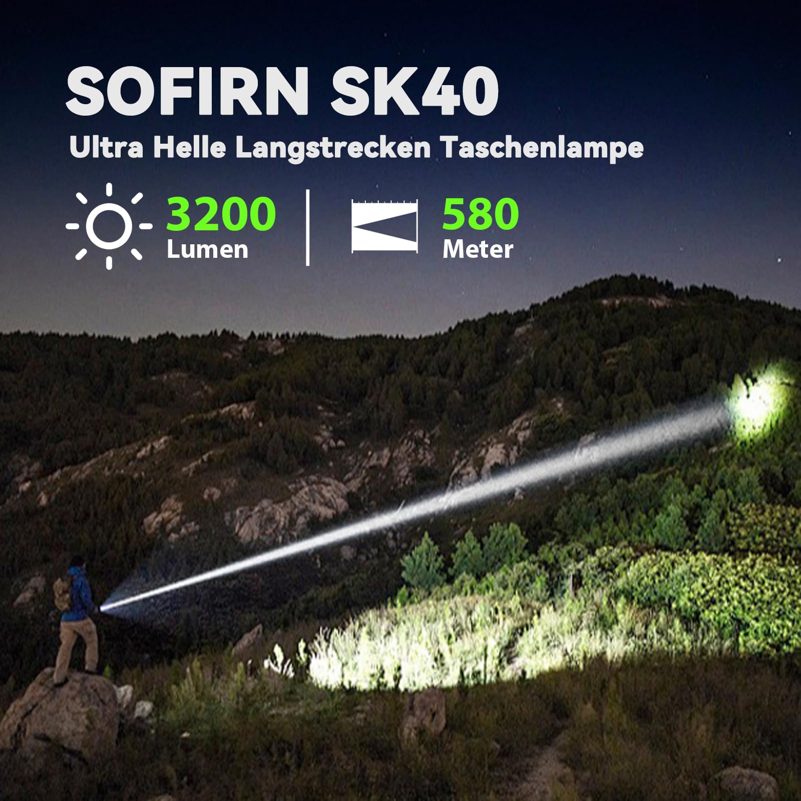 CSTEBOKE Sofirn SK40 Taktische Taschenlampe LED 3200lm, 580m, IPX8 | 3200 Lumen, 580m Reichweite, Doppelknopf, 6000K, Type-C Ladung, IPX8 Wasserschutz, Taktik, Rettung, Camping, Abenteuer