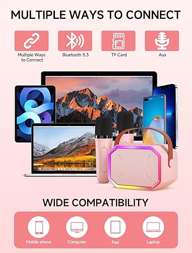 Miniatura 7 de Máquina de karaoke para niños y adultos, mini altavoz Bluetooth portátil con 2 micrófonos inalámbricos, luces LED para TV, fiesta en casa, regalo