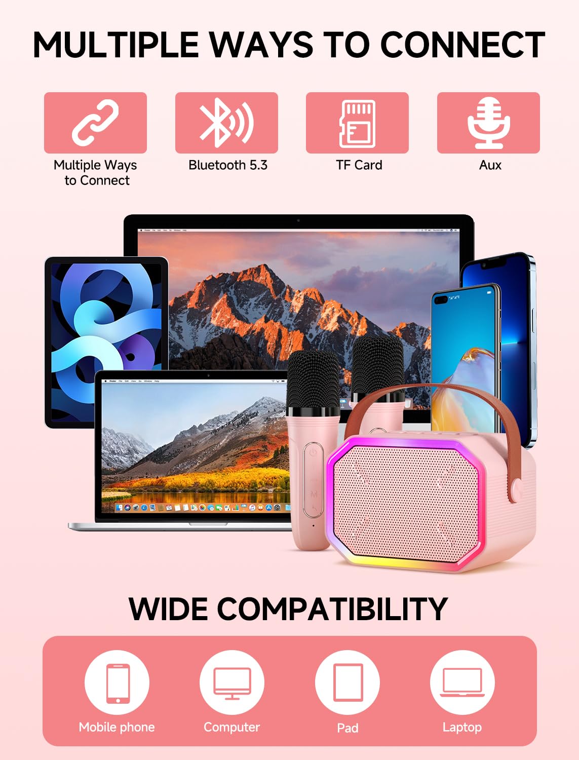 Karaoke-Maschine für Kinder und Erwachsene, tragbarer Mini-Bluetooth-Lautsprecher mit 2 kabellosen Mikrofonen, LED-Leuchten für TV, Heimparty, Kindergeschenk für Mädchen, Jungen, Familie, Party,
