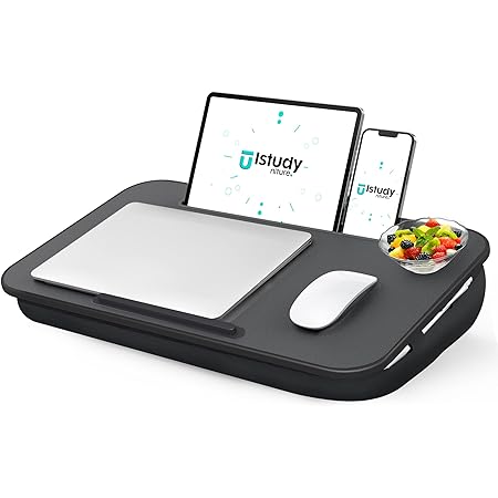 Portable Laptop Lap Desk with Pillow Cushion, Fits up to 17 inch Laptop, Laptop Stand with Device Ledge and Phone Holder, for Home Office, Black, ISTUDYNITURE