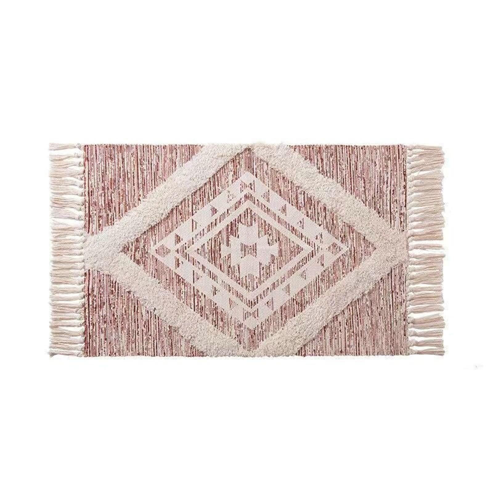 Tapis Vintage Lavable 60X90cm, Tapis Boheme Chic Bordeaux Rectangulaire Motif Géométrique avec Pompons Coton