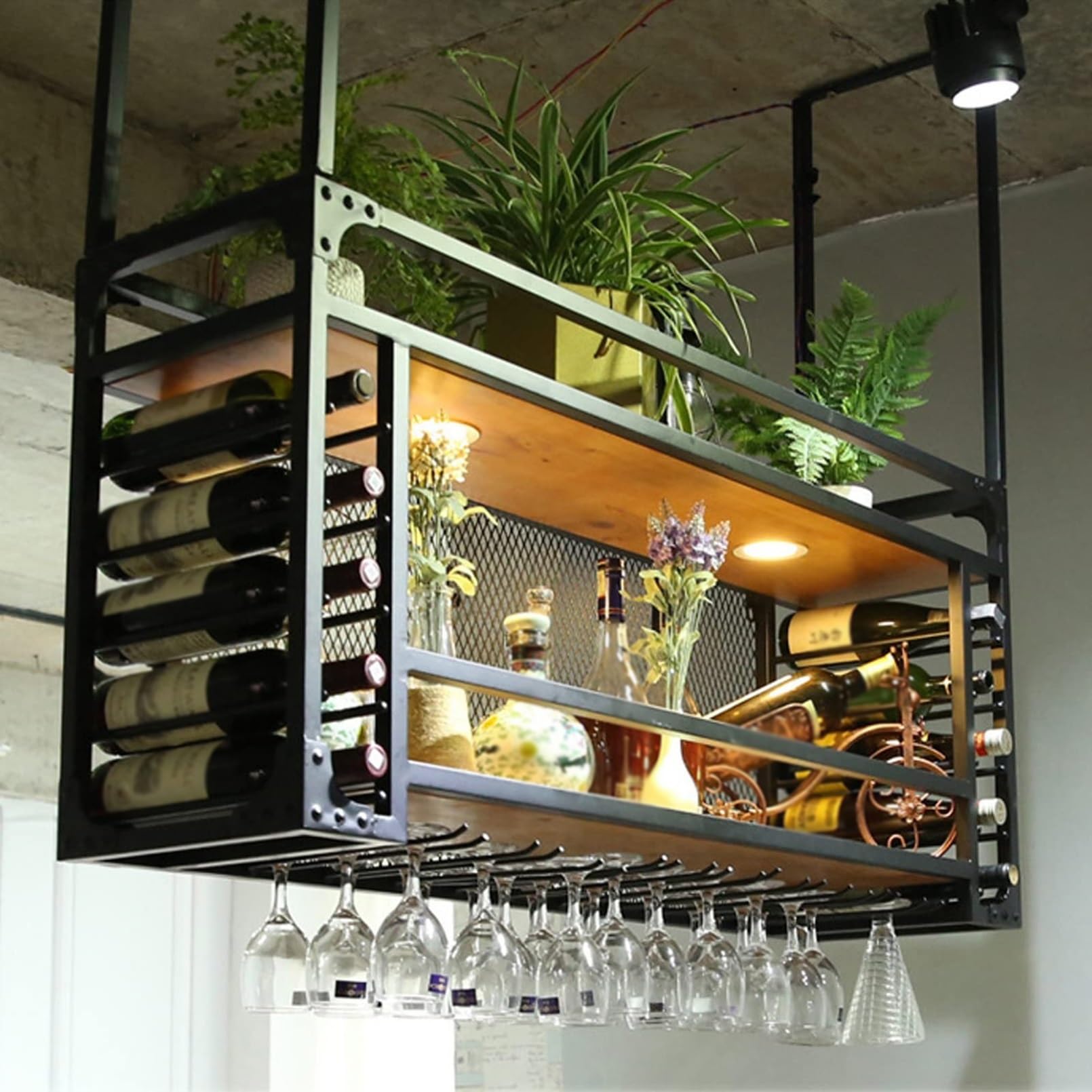 Porte-bouteilles mural en métal avec verre Ra et bouteille, parfait pour la décoration de la maison, du bar et de la salle à manger.
