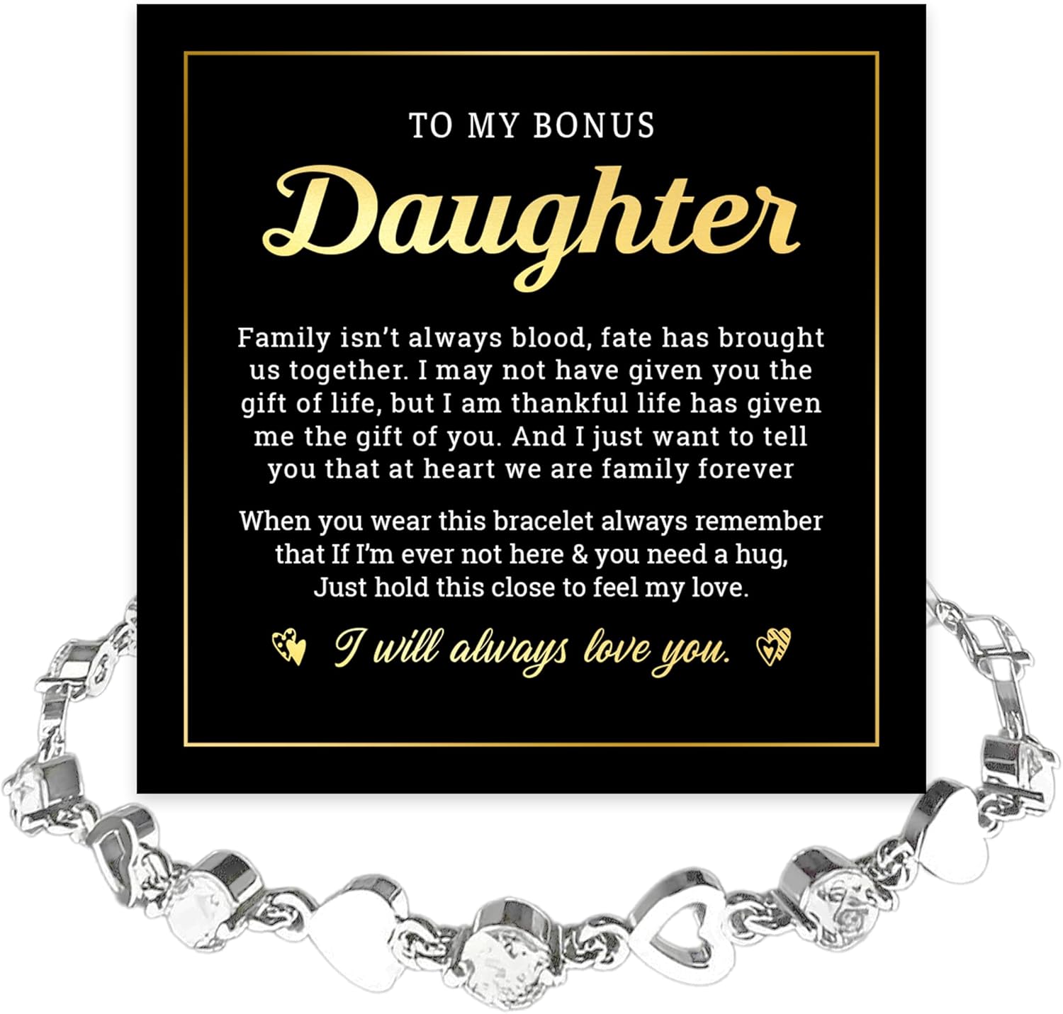 To My Bonus Daughter Crystal Heart Bracelet From Step Mom Dad, To My Stepdaughter, Goddaughter Jewelry, Birthday Graduation Christmas Gift With Heartfelt Message & Elegant Box