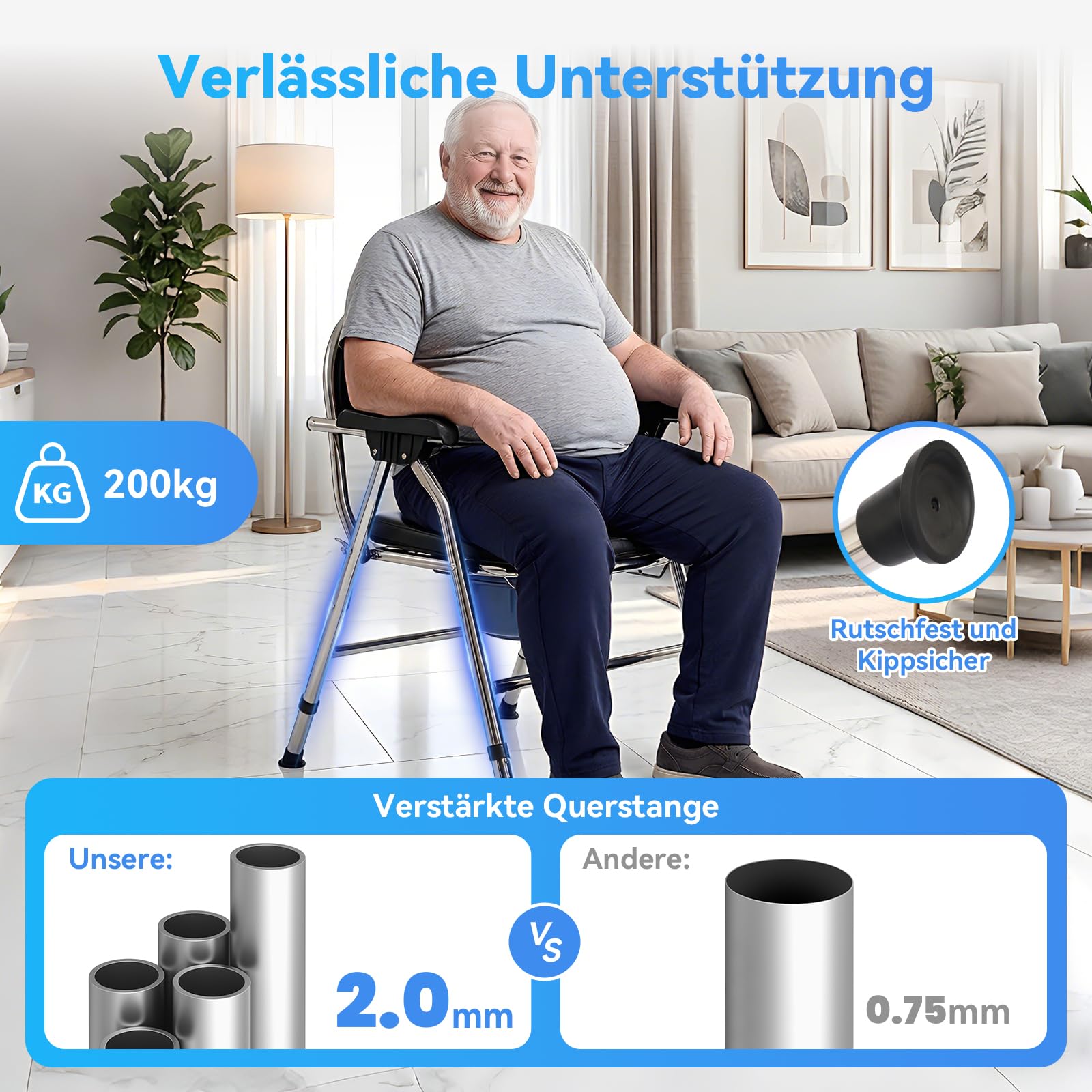 Toilettenstuhl klappbar für Senioren – 2-lagiges dickes Sitzkissen, breiter Edelstahlrahmen, höhenverstellbar, bis 200 kg belastbar, fahrbarer Duschstuhl & Toilette (Schwarz)