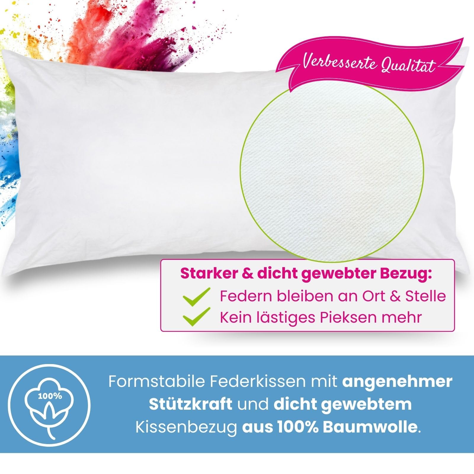 wometo Premium-line OekoTex Set van 2 veren- en donskussen, 85% veren, 15% dons, 40 x 40 cm, met 300 g vulling overtrek, katoen, wit