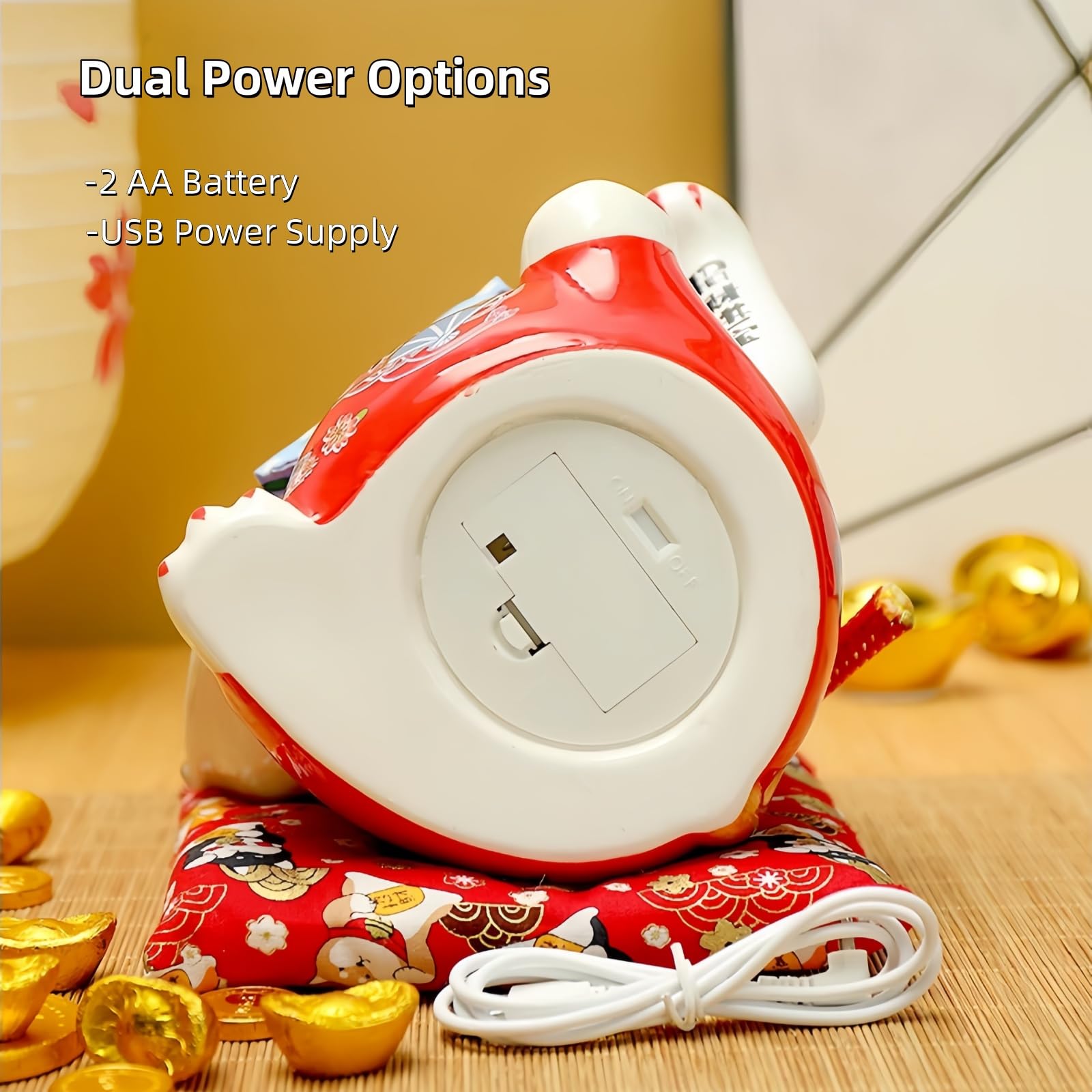 Estatua grande de gato de la suerte Maneki Neko de 9 pulgadas, gato ondulado de cerámica con lingote dorado, decoración tradicional japonesa de la fortuna, regalo blanco y rojo para