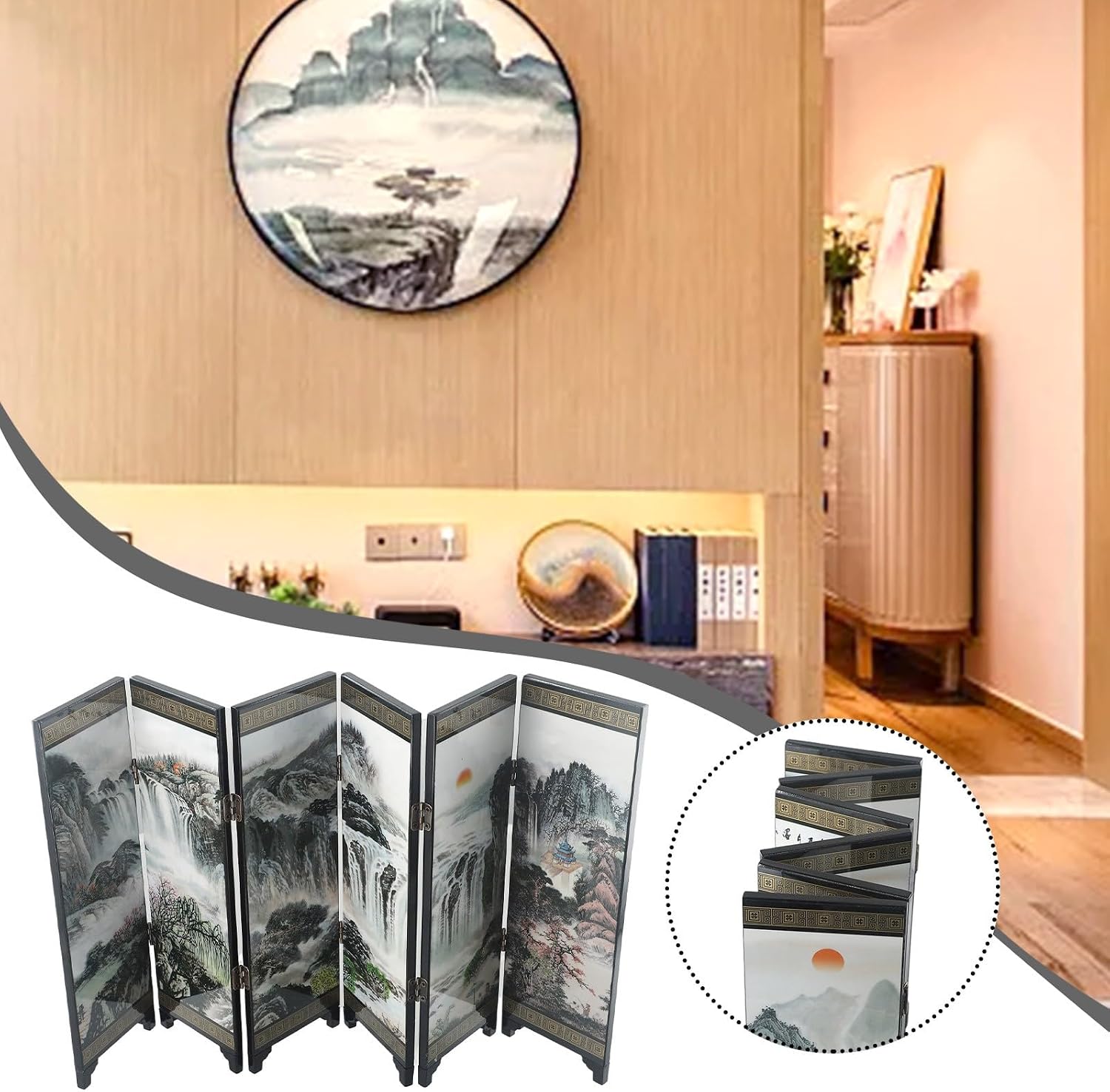 Wooden Chinese Style Vintage Folding Panel Screen Room Divider, 6-Piece Mini Decorative Privacy Partition for Home Office