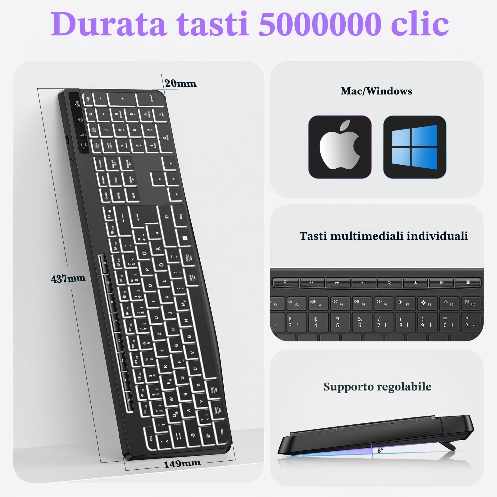 TECURS Tastiera senza fili per gaming PC, tastiera silenziosa, QWERTZ, bianca, illuminata, ergonomica, impermeabile, 2,4 GHz, tastiera a LED per Windows/Mac/PS4/Xbox con tasti multimediali, colore