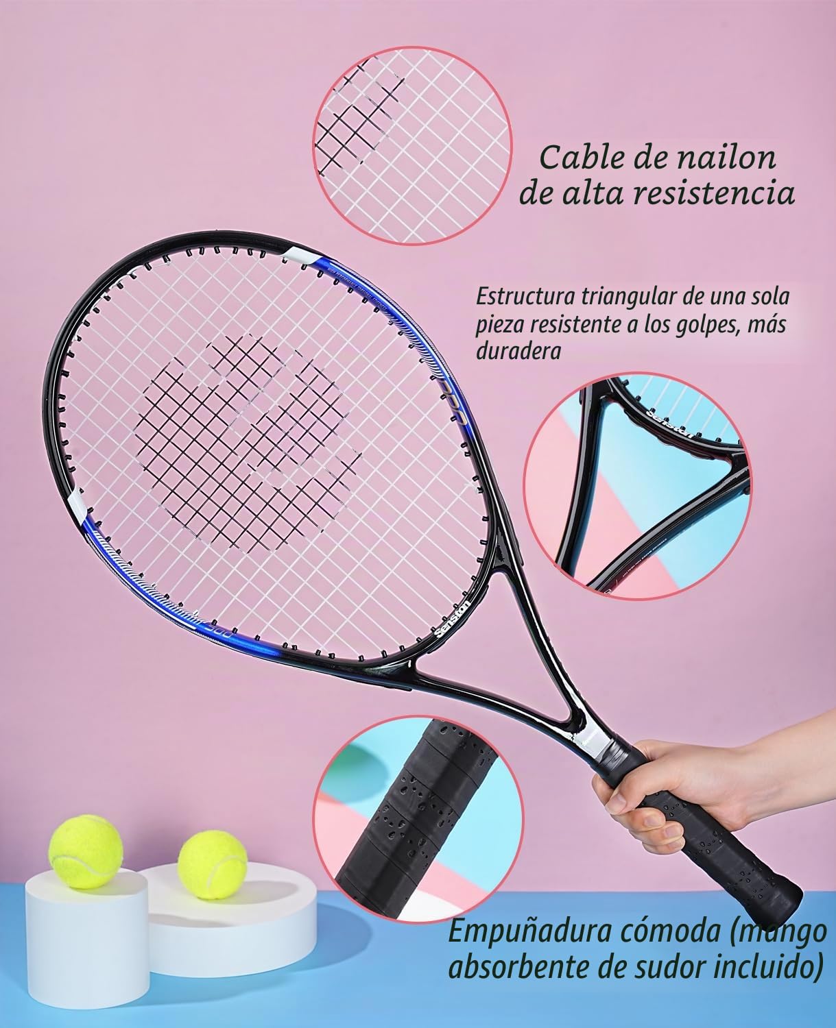 Senston Raquetas de Tenis para Adultos de 27 Pulgadas, Raquetas de Tenis para 2 Jugadores con 3 Pelotas, 2 agarres, 2 amortiguadores de vibración