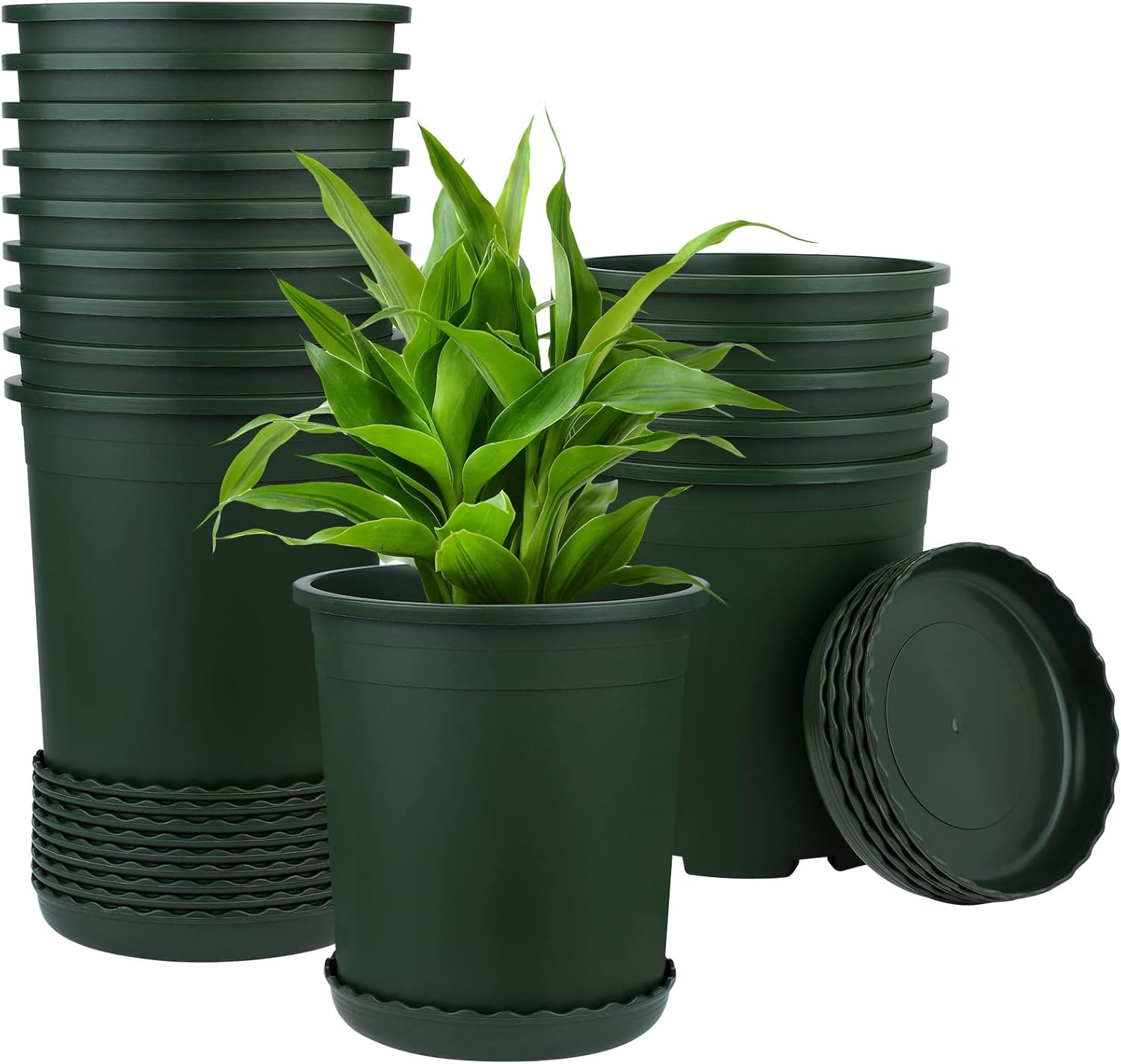 ELCOHO 15 macetas de 1 galón, macetas de plástico verde, macetas de plántulas con orificio de drenaje y bandeja para plantas de interior y exterior, verduras y suculentas, 7.1 x 6.3 x 5.2 pulgadas