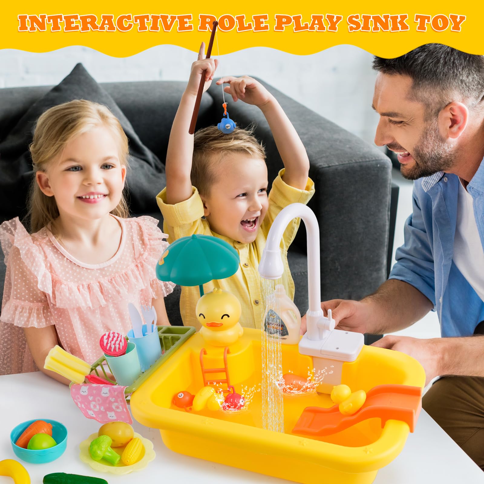 Fregadero de juego con agua corriente, juguetes de fregadero de cocina, juguetes flotantes de pesca para juegos de agua, juguete de lavavajillas para niños (tema de pato)