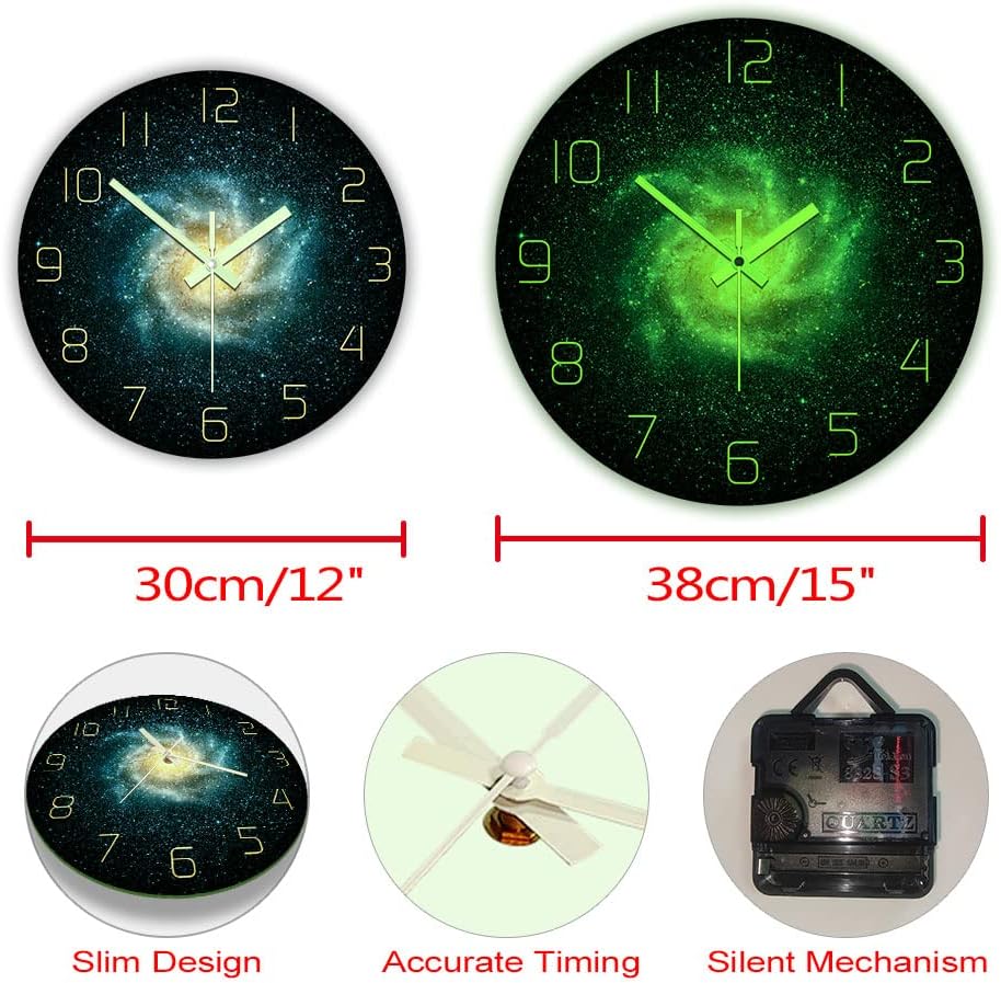 The Geeky Days Glow in The Dark Wall Clock, Galaxy Outer Space 12inch Luminous Silent Clock, Battery Operated Quartz Nebula Stars Wall Art Abstract Acrylic Watch Universe Home Decor Astronomy Gifts