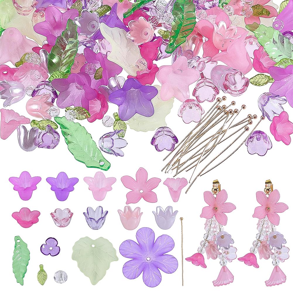 NBEADS About 582 Pcs Acrylic Assorted Beads Kit, 445 Pcs Acrylic Flower and Leaf Beads 87 Pcs Round Glass Beads 50 Pcs Brass Ball Pins Jewelry Making Supplies Kit for Earring Bracelets, Pink/Purple