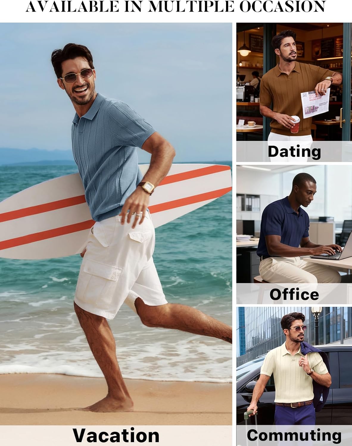 PJ PAUL JONES Mens Knit Polo Shirts V Neck Short Sleeve Casual Stylish Golf Shirt - Image 4