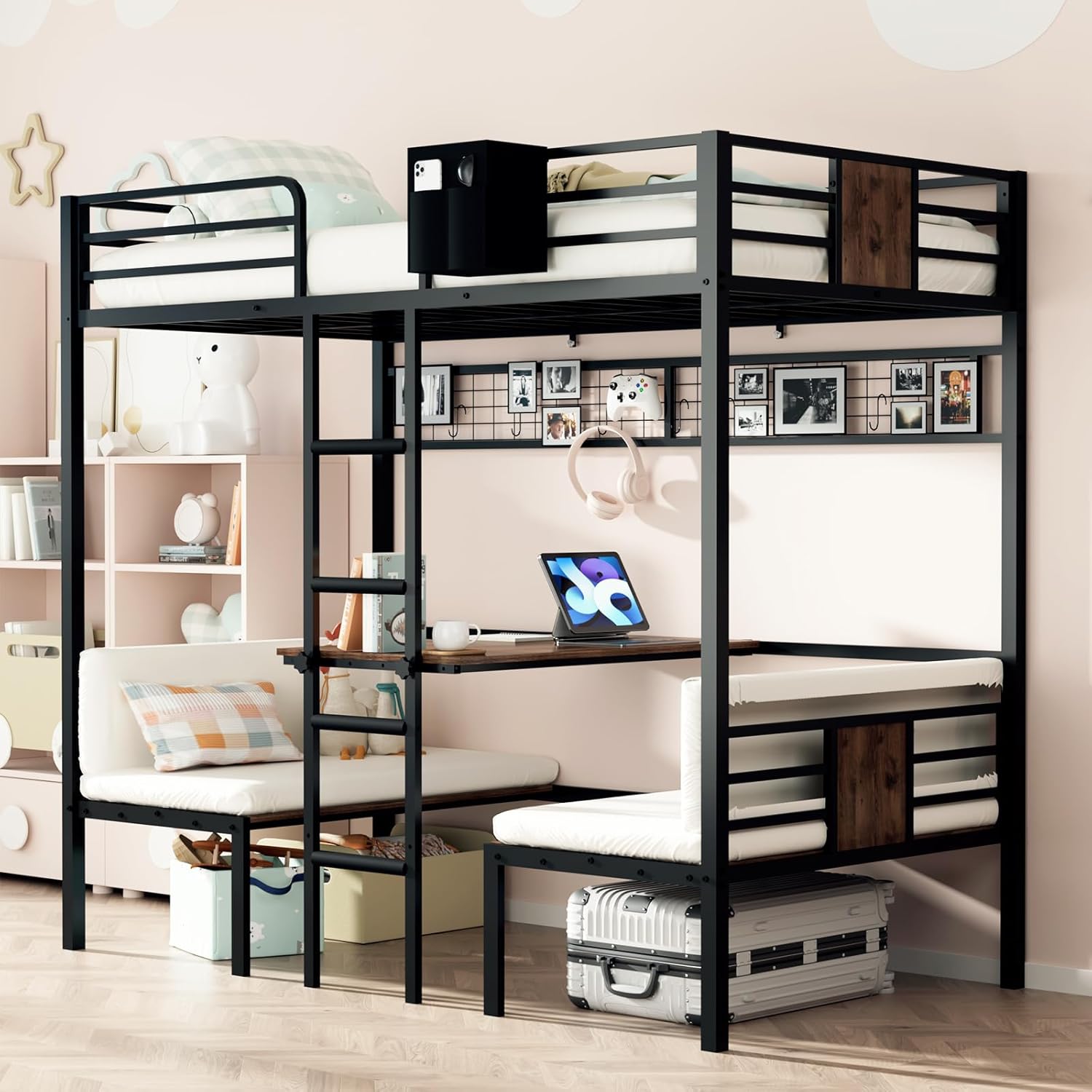Twin Over Twin Bunk Bed, Convertible Twin Bunk Bed w/Desk & Storage & 2 Seat, Heavy Duty Metal Twin Loft Bed Frame with Safety Guardrails & EVA Padded Ladder for Teens(Cushion not Included)