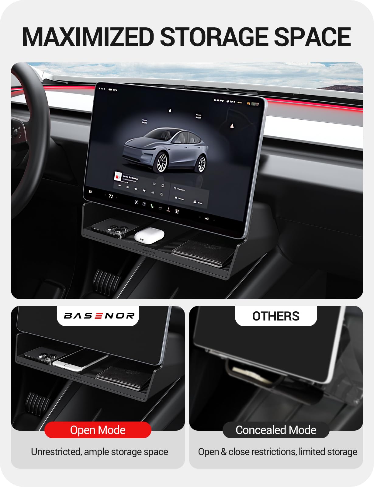 BASENOR Organizzatore Consola Centrale per Tesla Model Y Juniper 2025-2026 & Model 3 Highland 2024-2026 [100% Sicuro] Vassoio Stoccaggio Sotto Schermo, Accessori Interni Tesla