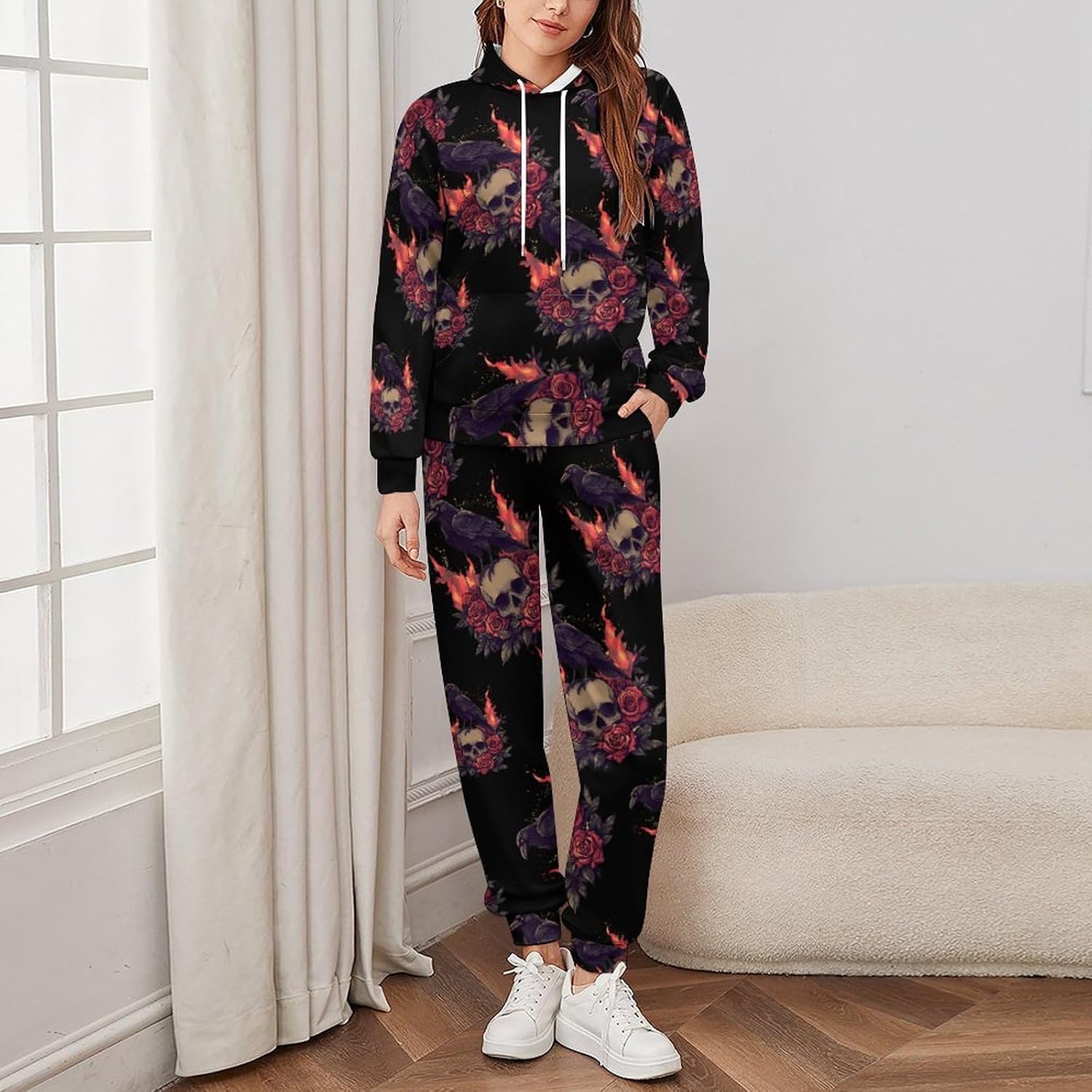 Gothic Skull Black Crow Adult 2 Piece Tracksuits Hoodie Sweatshirt And Joggers Sweatpants Sweat Suit Outfits