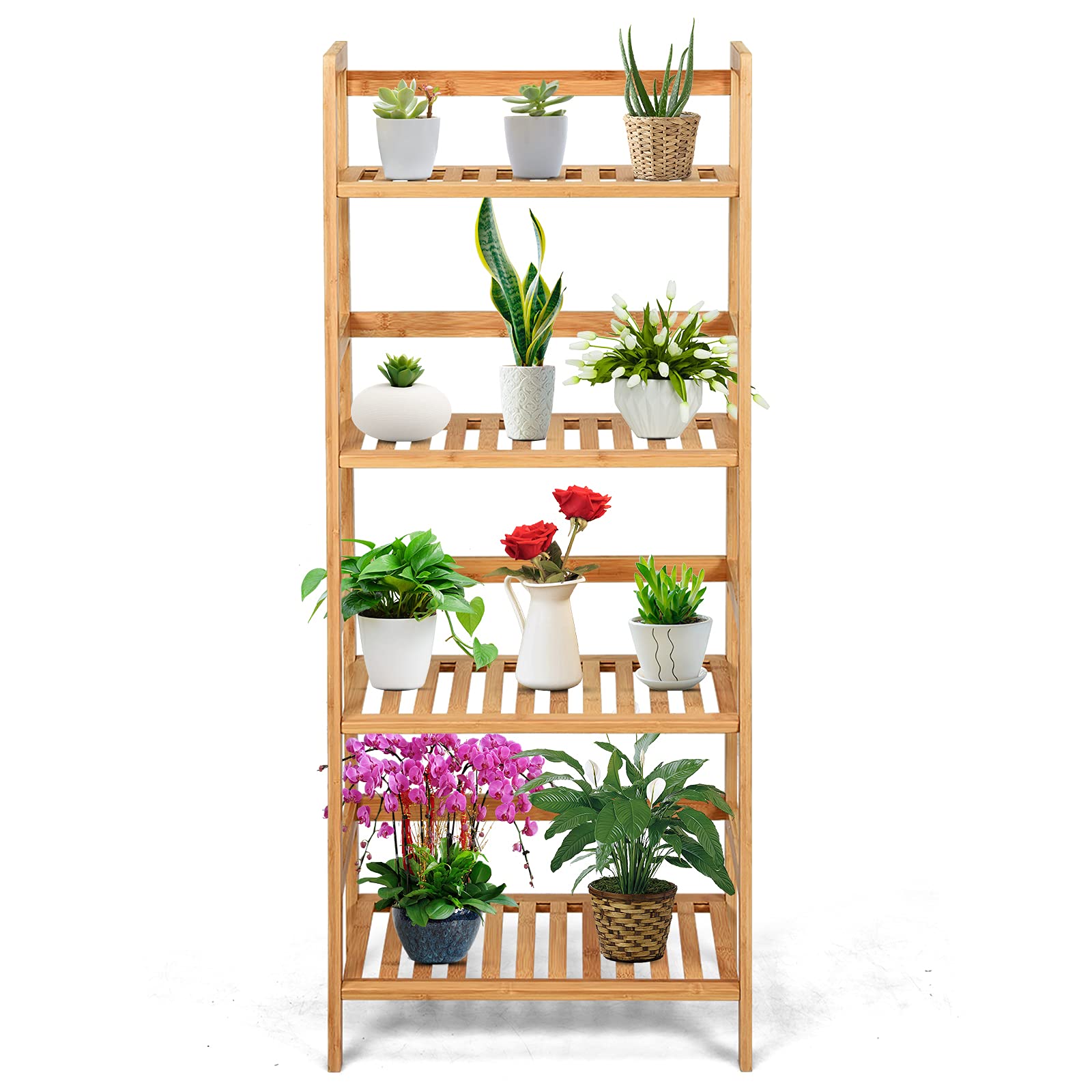GOPLUS Pflanzenregal mit 4 Ebenen, Blumenregal Standregal aus Bambus, Wetterfest, Korrosionsbeständig, Stabil, Multifunktional, für Blumentopf Pflanzen Bücher und mehr, Indoor & Outdoor (Natur)