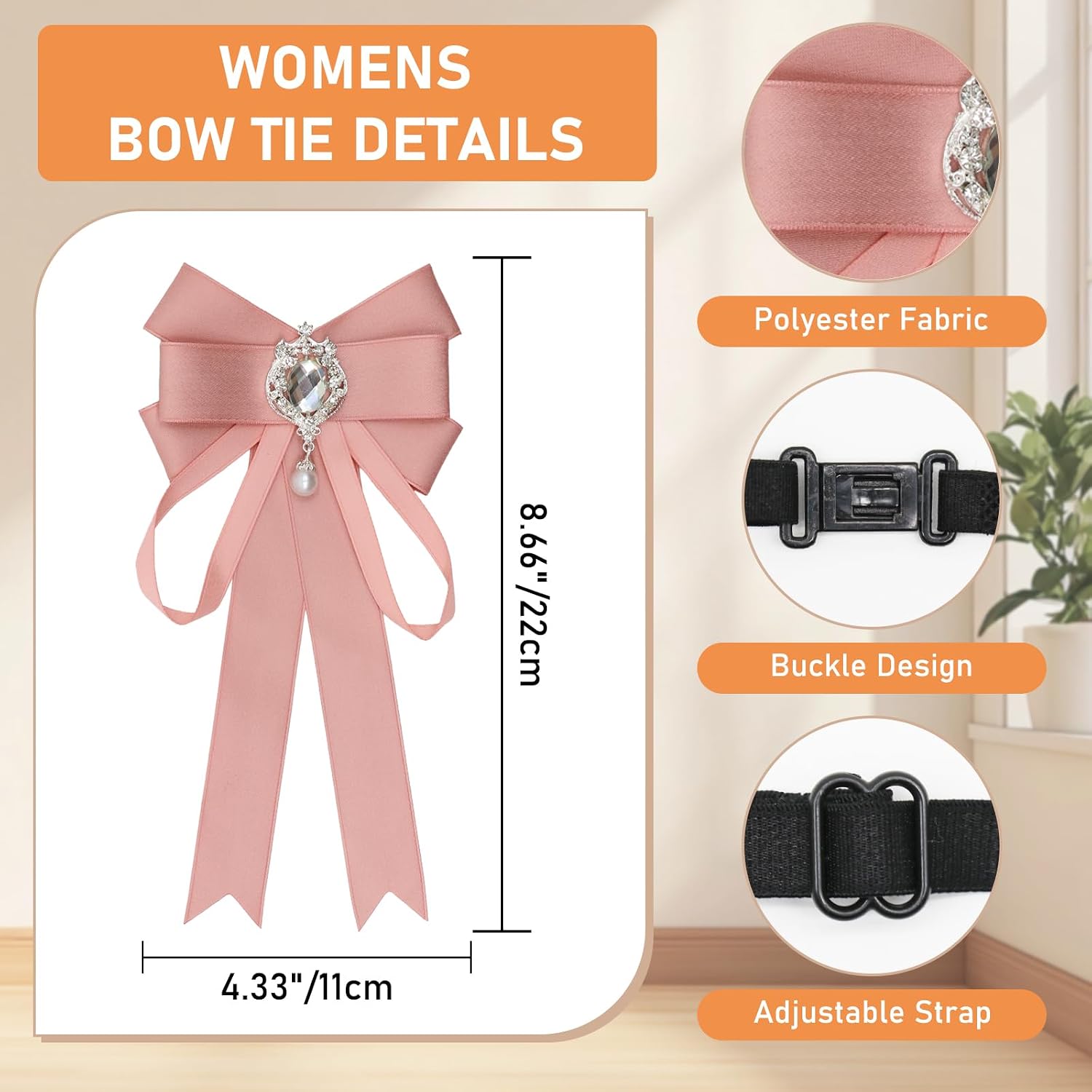 Bow Tie for Women Pre-Tied Adjustable Ties for Women Ribbon Rhinestone Bowtie for Party Wedding