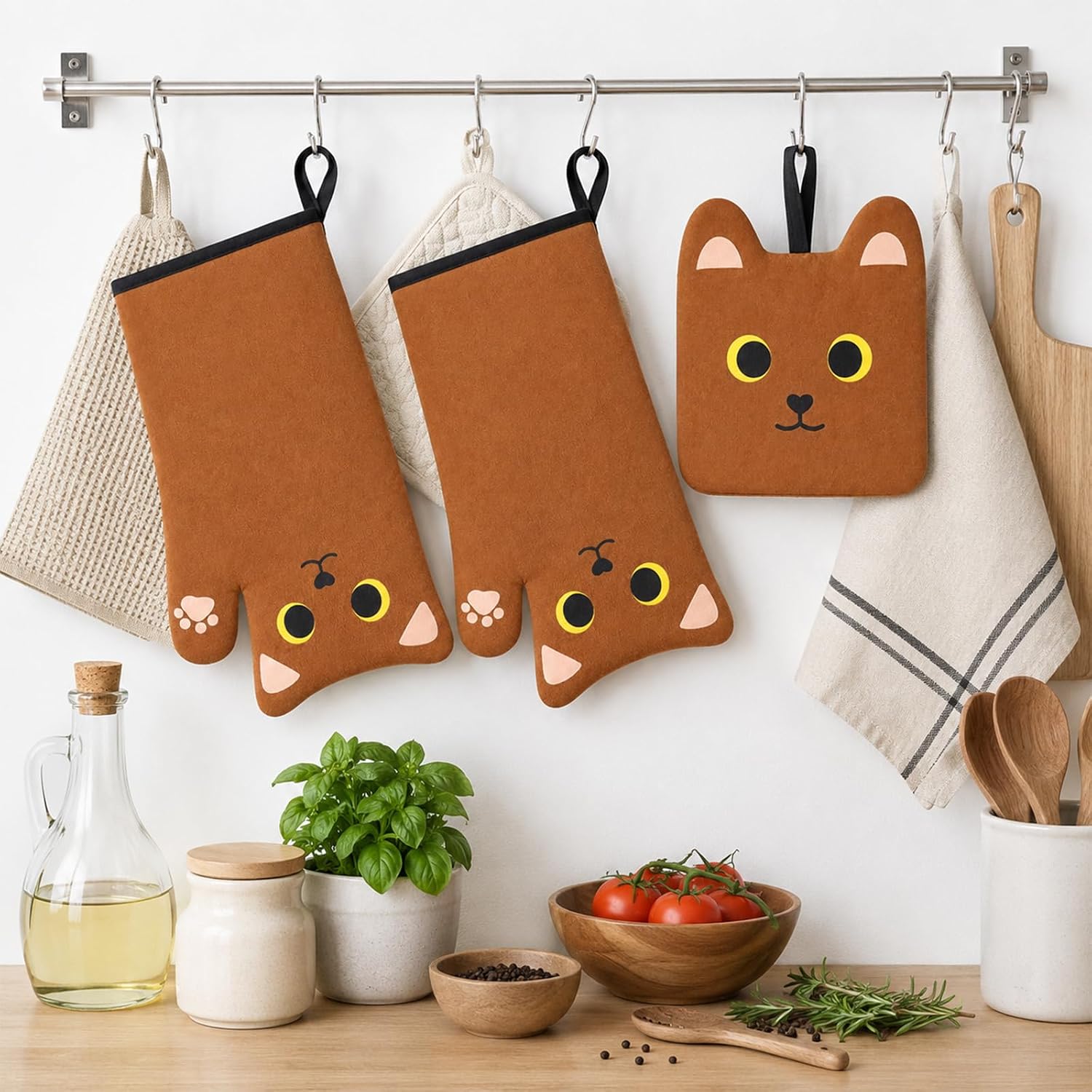 Oven Mitts and Pot Holders Set,Brown Cat Design Cooking Gloves