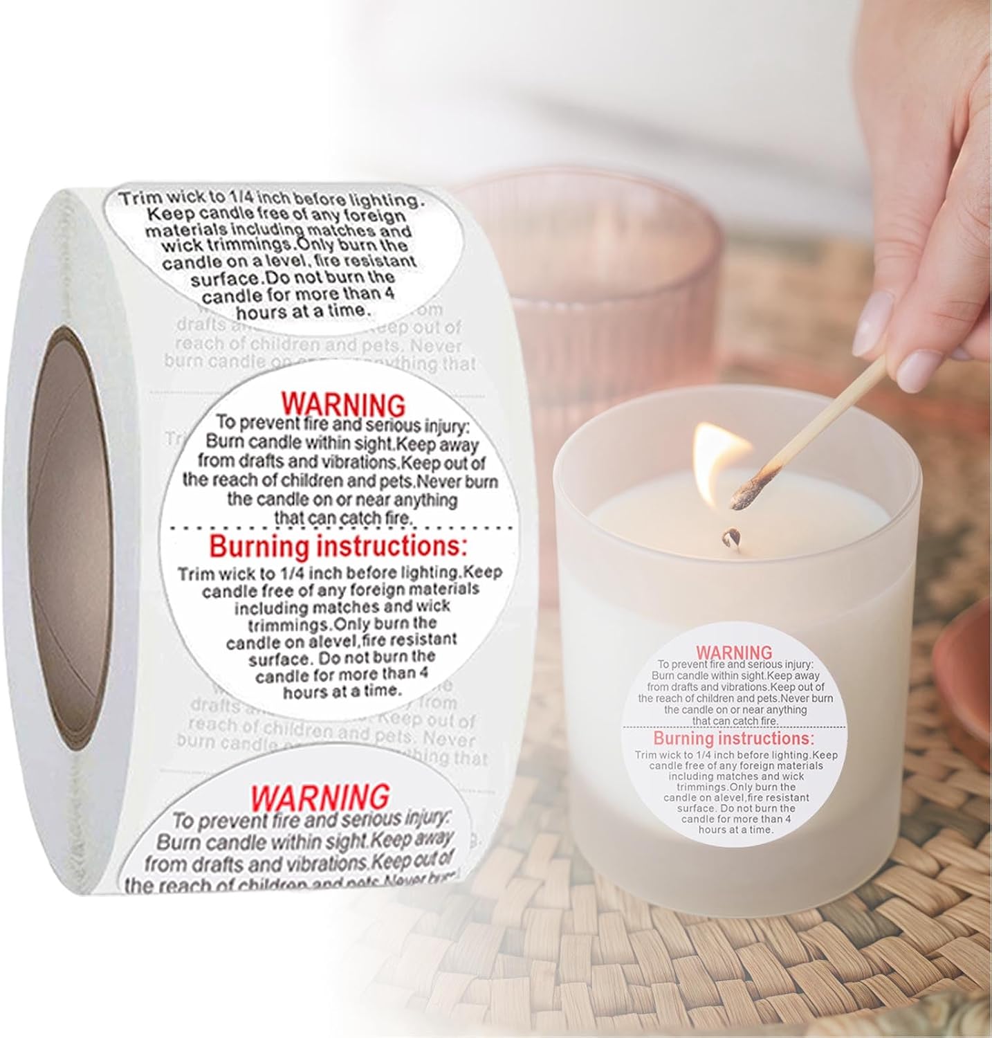 Candle Warning Labels - 1.5" Safety Stickers Decals for DIY Candle Making, Jars & Containers, Waterproof & Durable, 500Pcs/Roll (White)