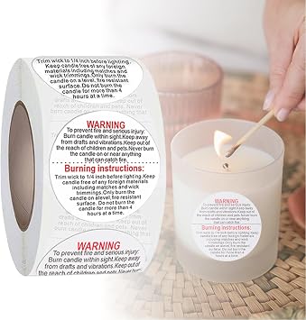Candle Warning Labels - 1.5" Safety Stickers Decals for DIY Candle Making, Jars & Containers, Waterproof & Durable, 500Pcs/Roll White