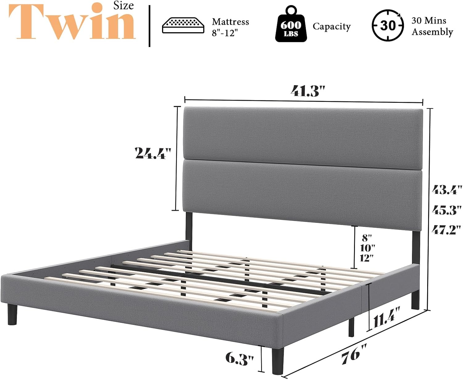 AMERLIFE Twin Size Bed Frame with Linen Adjustable Headboard, Upholstered Platform Bed/Strong Wood Slats Support/Easy Assembly/No Box Spring Needed/Noise-Free/Light Grey