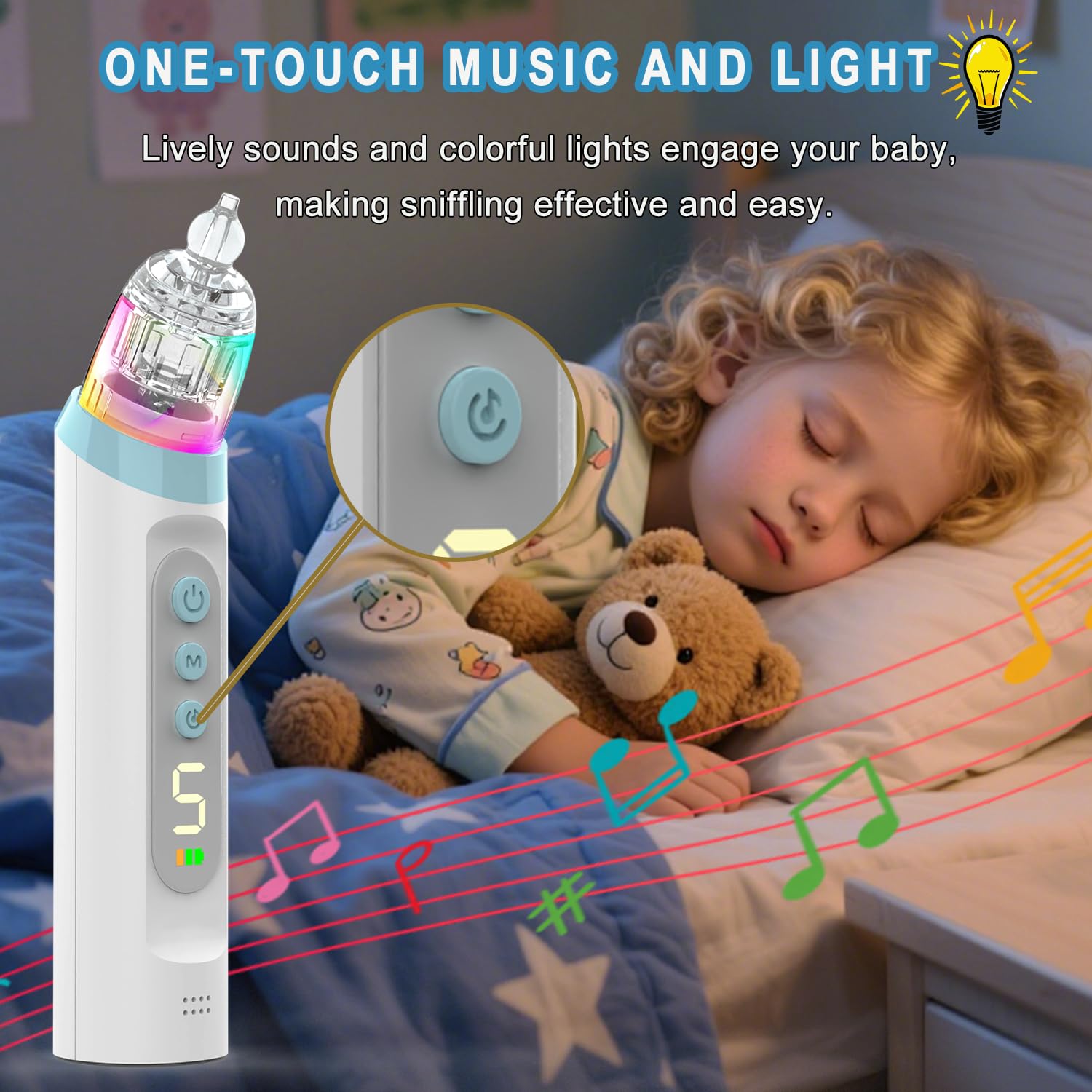 Nasal Aspirator Baby, 5 Adjustable Suction Levels, Baby Nose Suckers with Soothing Music and Light - Image 4