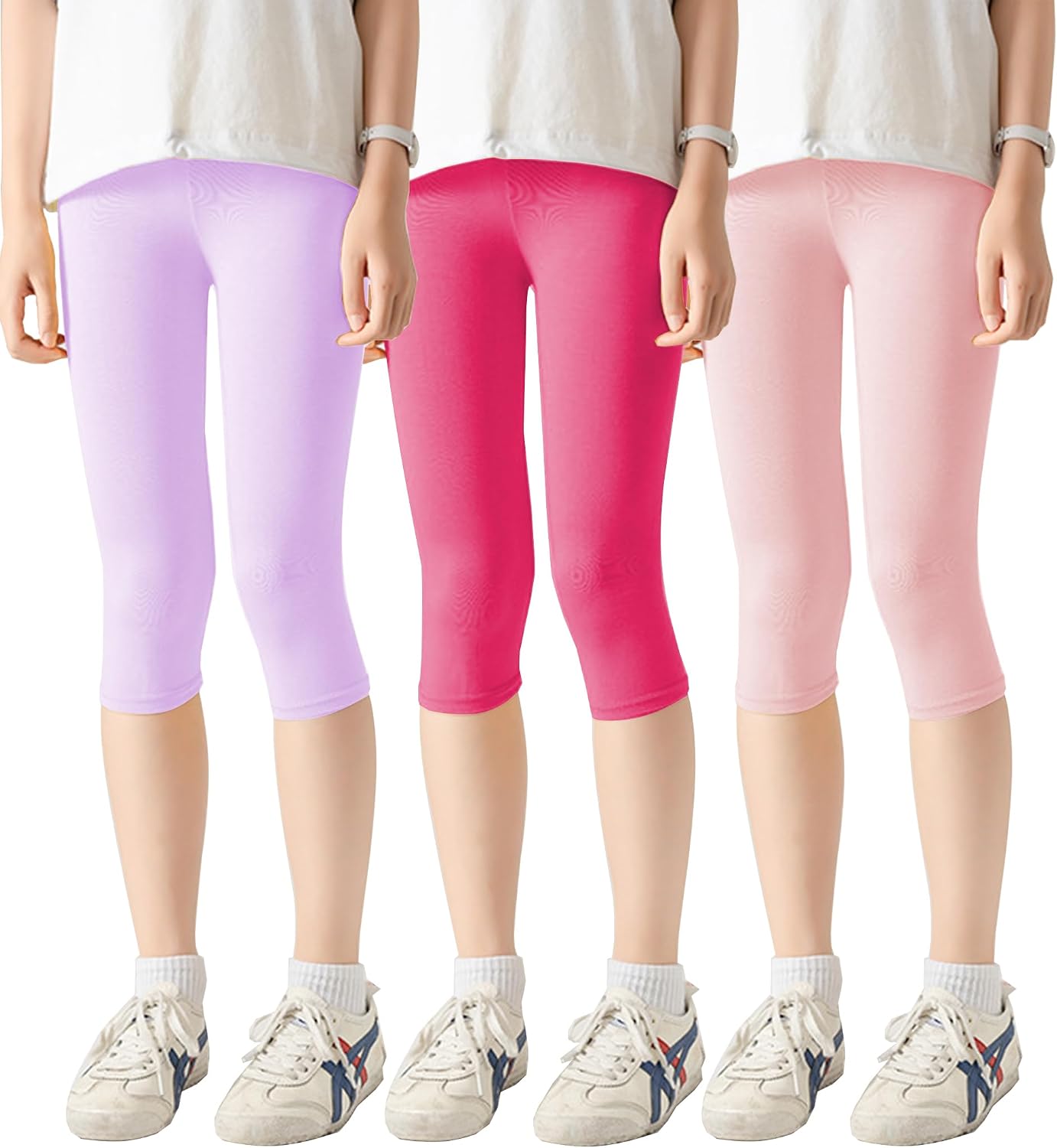 Kiench 3 Pack Girls Cotton Capri Leggings 3/4 Pants Kids Cropped Tights