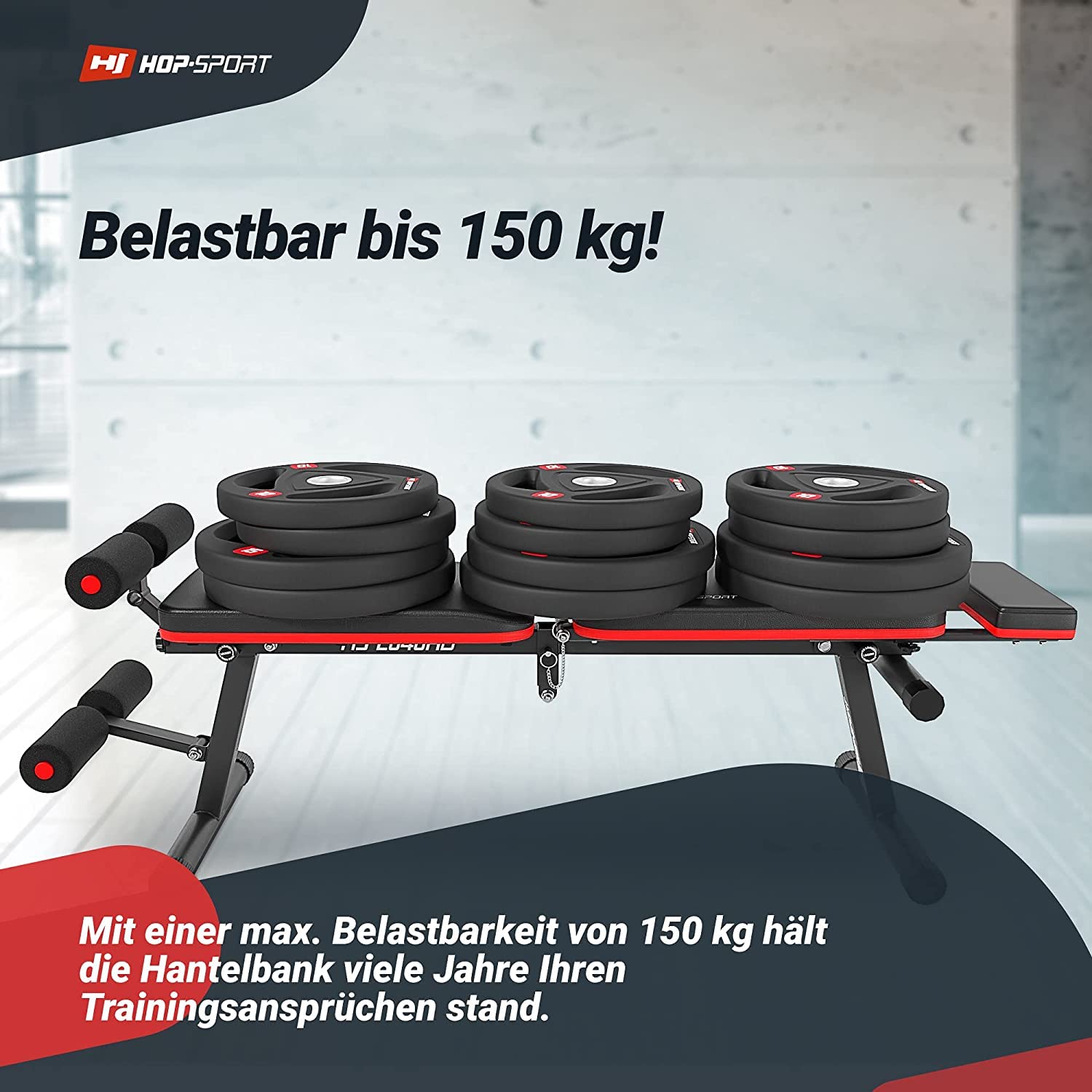 Hop-Sport ławka do podnoszenia ciężarów, składana, regulowana ławka treningowa z blokadą nóg, wielofunkcyjna ławka fitness do domu, do treningu mięśni brzucha, maks. obciążenie 150 kg