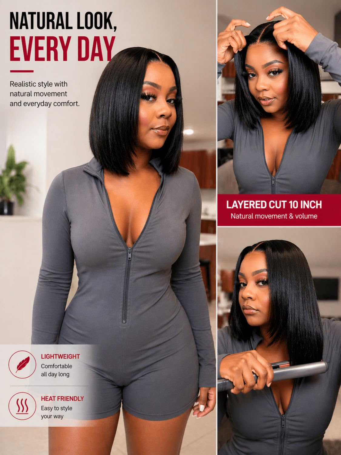 Beauty Forever No Slip Yaki Straight Bob Wig Human Hair 7x5 Bye Bye Knots Lace Front Glueless Drawstring Wig Pre Plucked Pre Cut Face Framing Feathered Layers 180% Density Ready to Go Wig 10inch