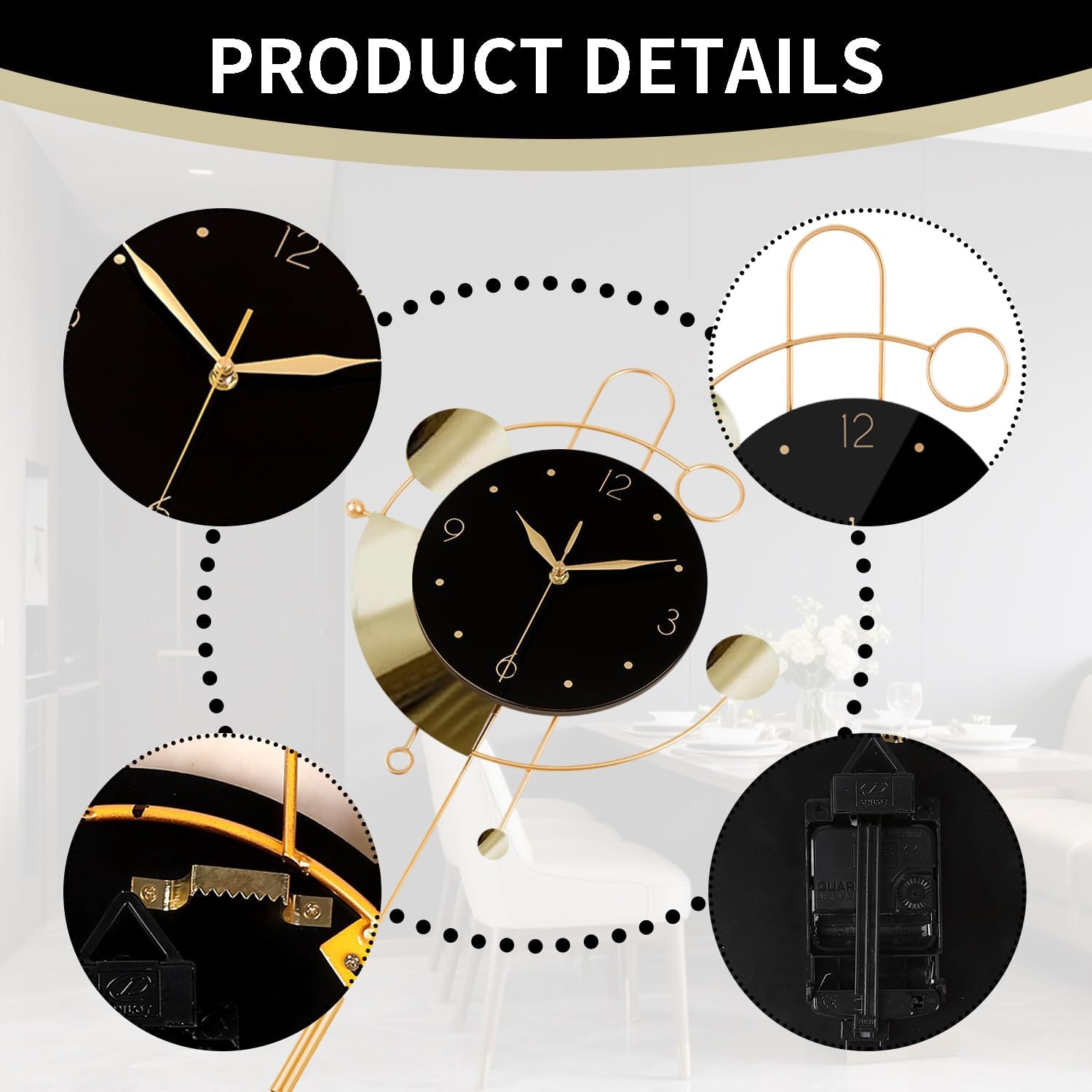SIN&MI Wall Clock with Pendulum,Silent Non Ticking Battery Operated Modern Large Wall Clocks for Living Room Bedroom Farmhouse Office Kitchen Home Wall Decor-13.3 * 22.4 Inch(Golden)