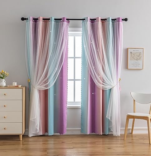 Miniatura 6 de Cortinas para dormitorio, arco iris, ombré, de doble capa, para oscurecer el cuarto del bebé, con ojales, decoración de habitación de princesa, 2