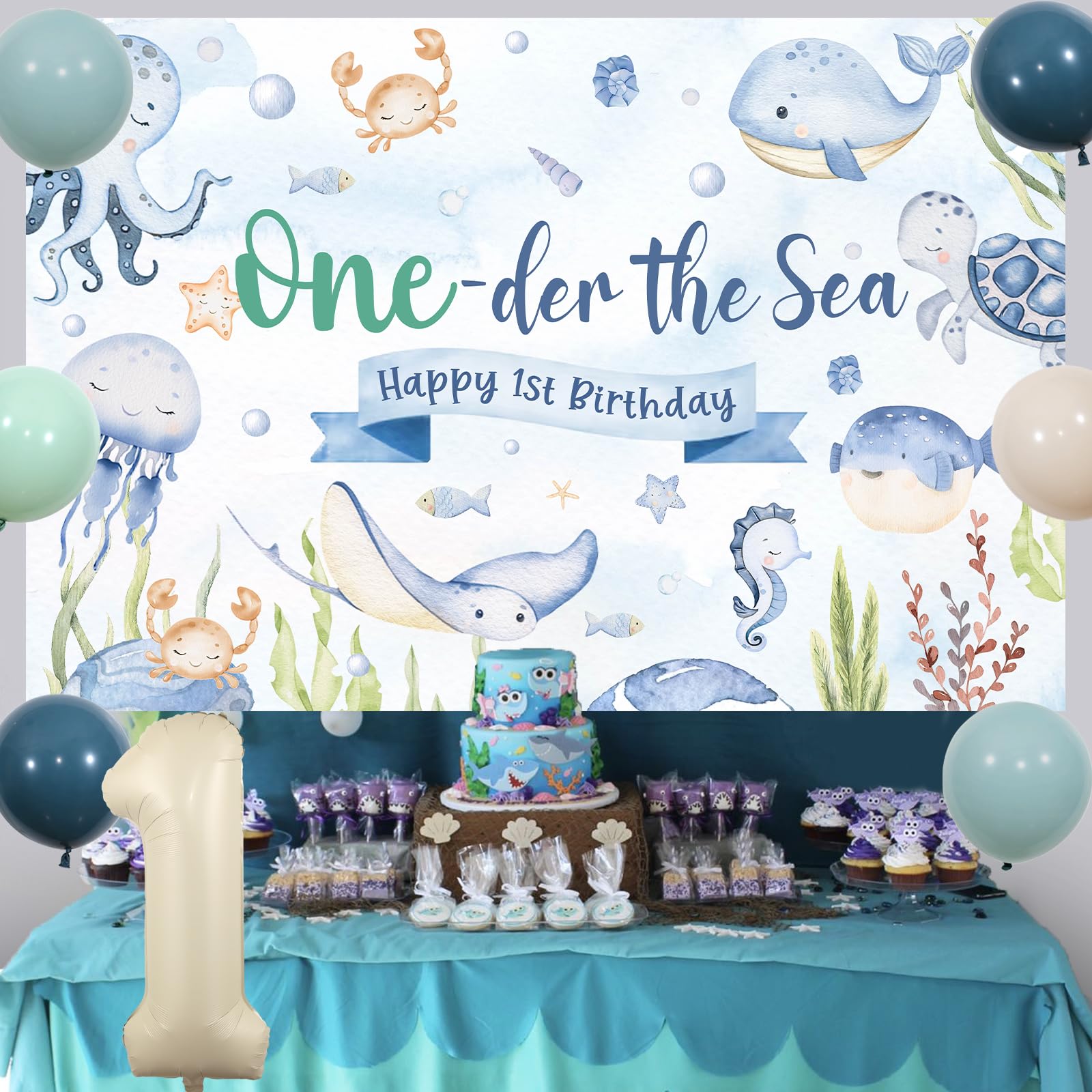 Unter Dem Meer Party Deko Set – Hintergrund, Luftballons (Schildkröte, Hai, Wal) Für Ozean-Mottoparty