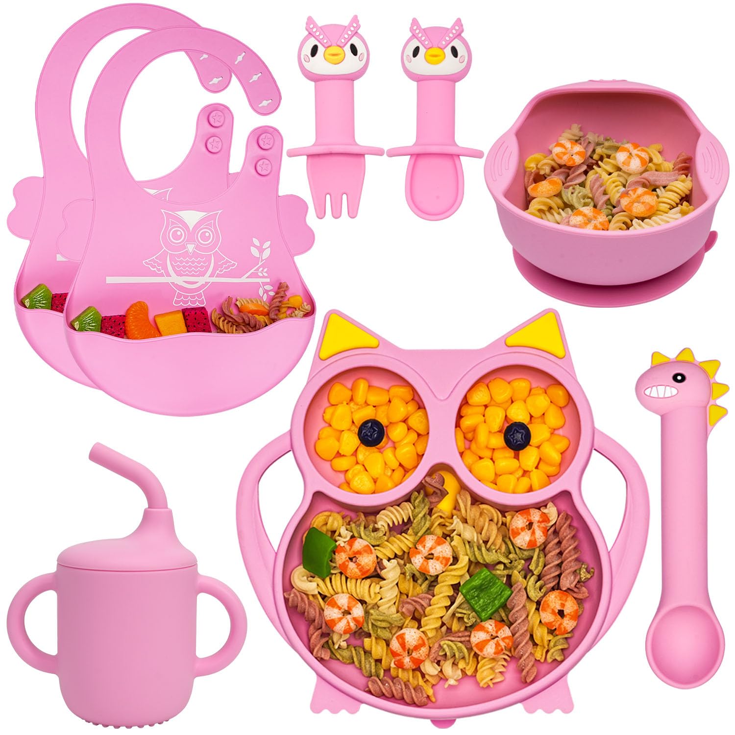 Silicone Baby Feeding Set,Baby Led Weaning Supplies Baby Silicone Suction plate and bowl set,Toddler Self Feeding Dish with Spoons Forks Sippy Cup And Adjustable Bib for 6+ Months-Pink
