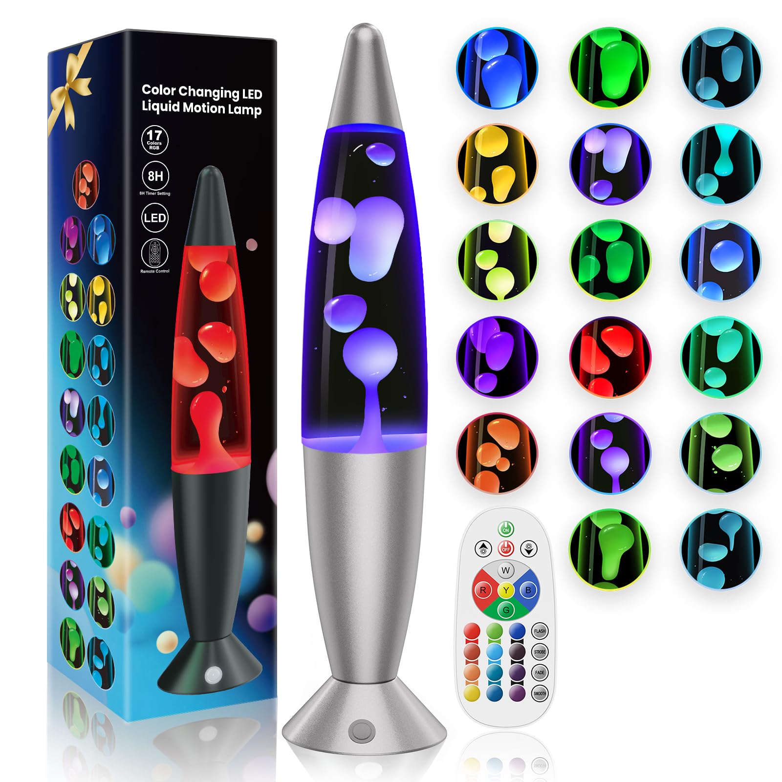 13.5 Inch Liquid Motion Lamps LED, 17 Colors Changing Night Light Table Lamp with Remote Giant Relax Mood Classic Cool Nightlight for Adults Boy Girl Room Home Bedroom Decor, Silver