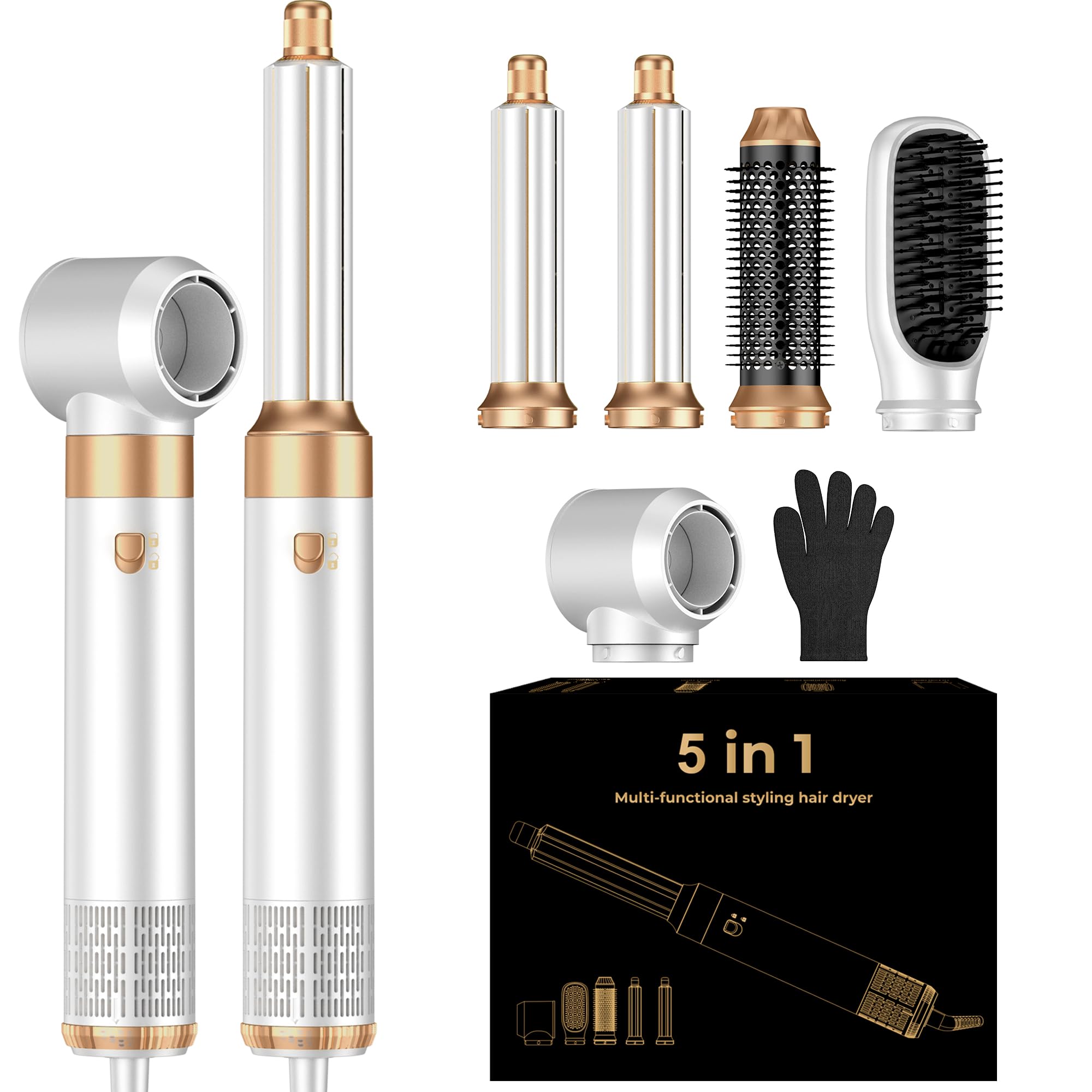 Blow Dryer Brush Set 5 in 1, Hot Air Styler Negative Ionic Low-Temp Hair Care Air Curling Wrap, Round Brush Dryer &amp; Curling Iron for Dry Volumize Straight Curl, 100-120V