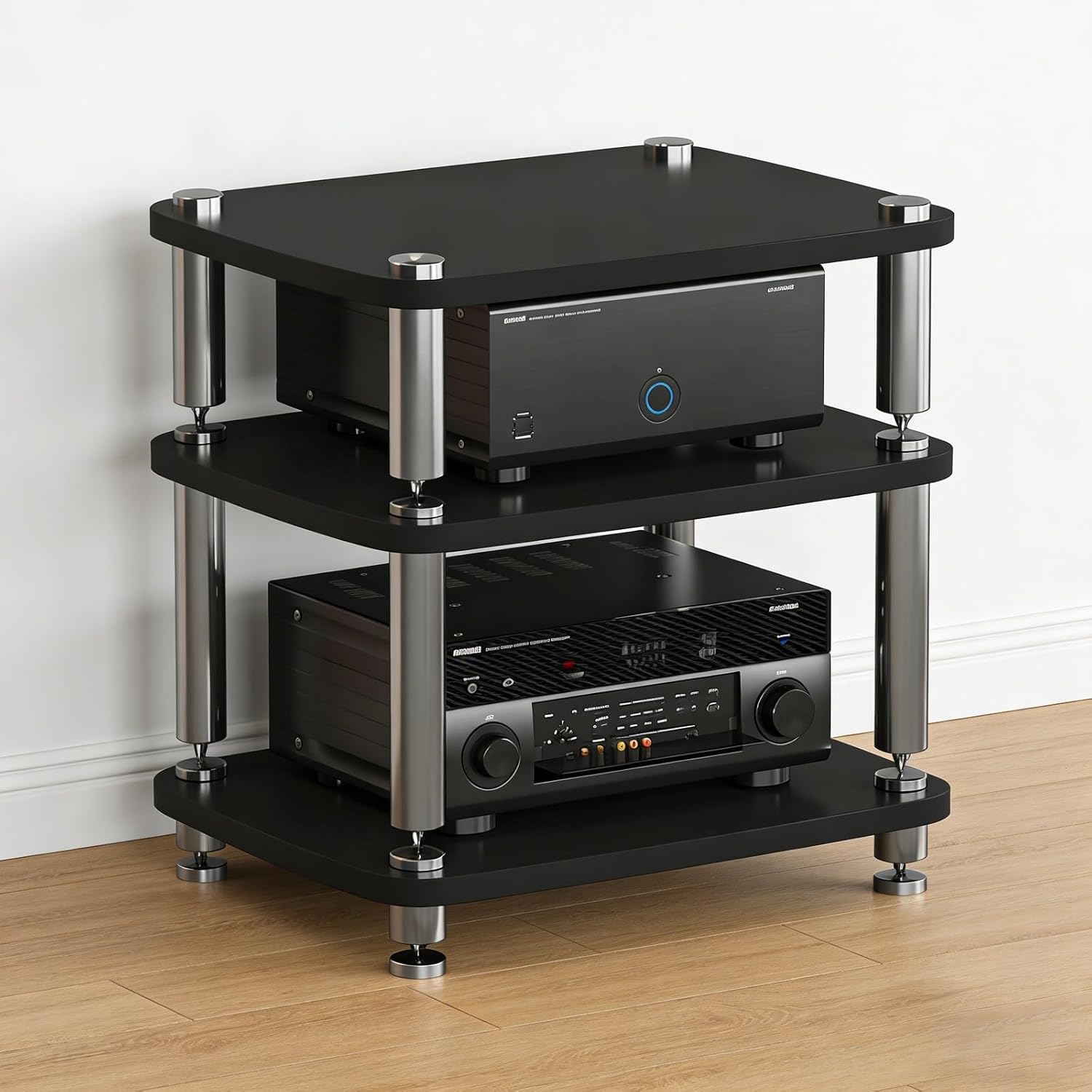 Speaker Stand,HiFi Home Theater Rack Stand, 4-Tier Stackable Shelf with Shock-Absorbing Feet, Ideal for Home Cinema, AV Equipment, and Studios - Sleek Black Design
