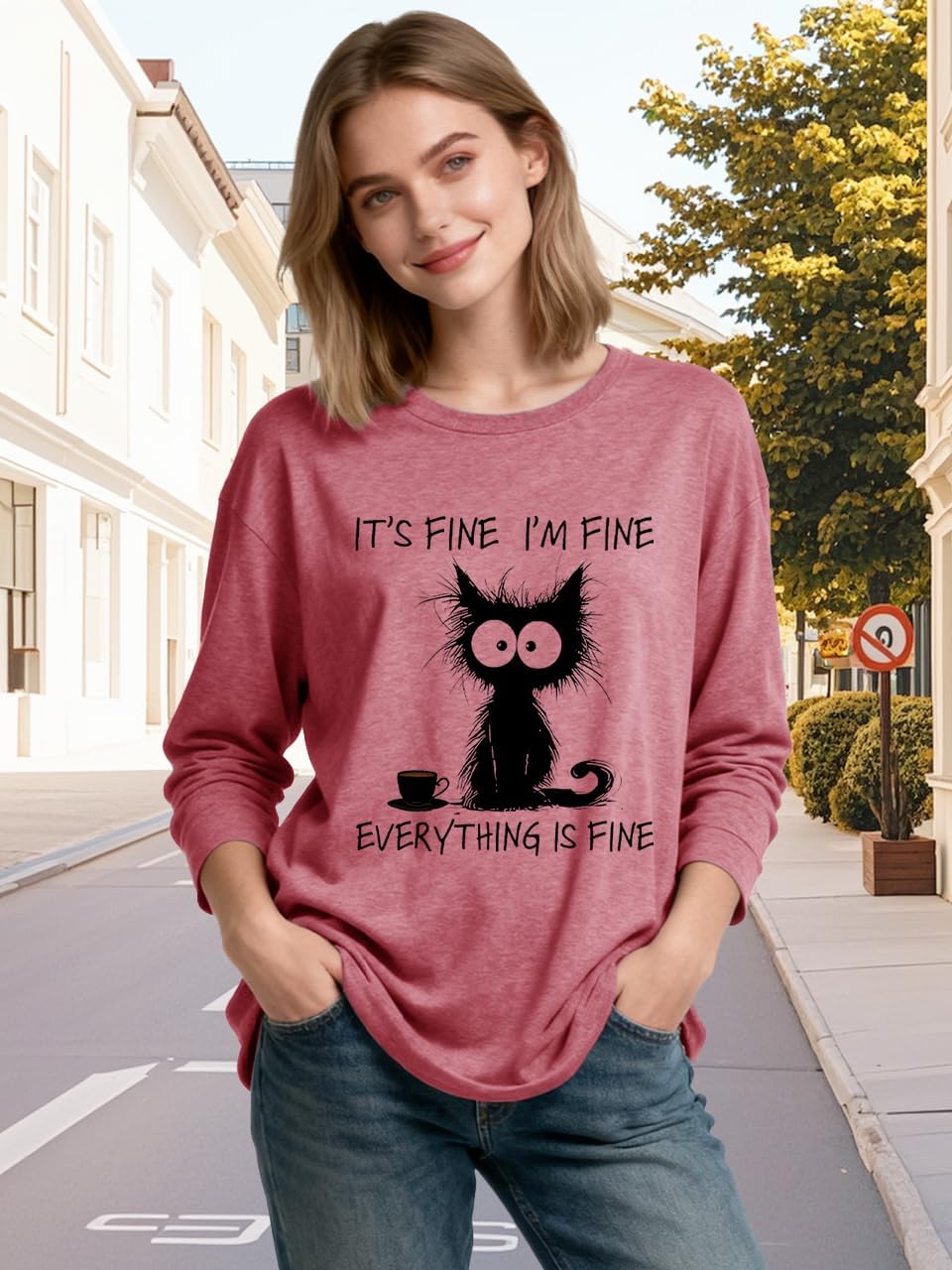 Womens Funny Saying I'm Fine Everything is Fine Sweatshirt Humor Graphic Tee Casual Loose Long Sleeve Cute Cat Tops - Image 3