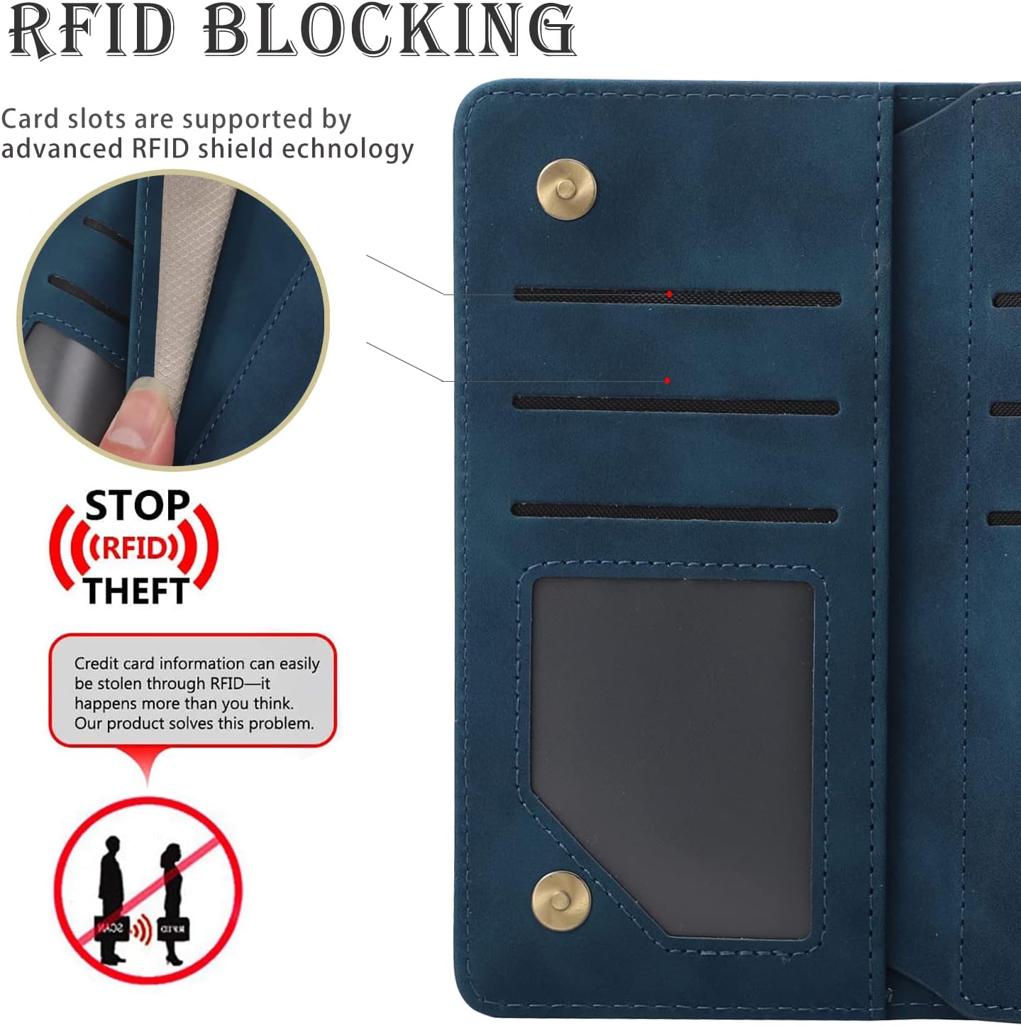 RANYOK Wallet Case for iPhone 15 (6.1 inch) with RFID Blocking Credit Card Holder, Premium PU Leather [Zipper Pocket] Flip Folio Case Wallet with Wrist Strap Kickstand Protective Case (Blue) - Image 5