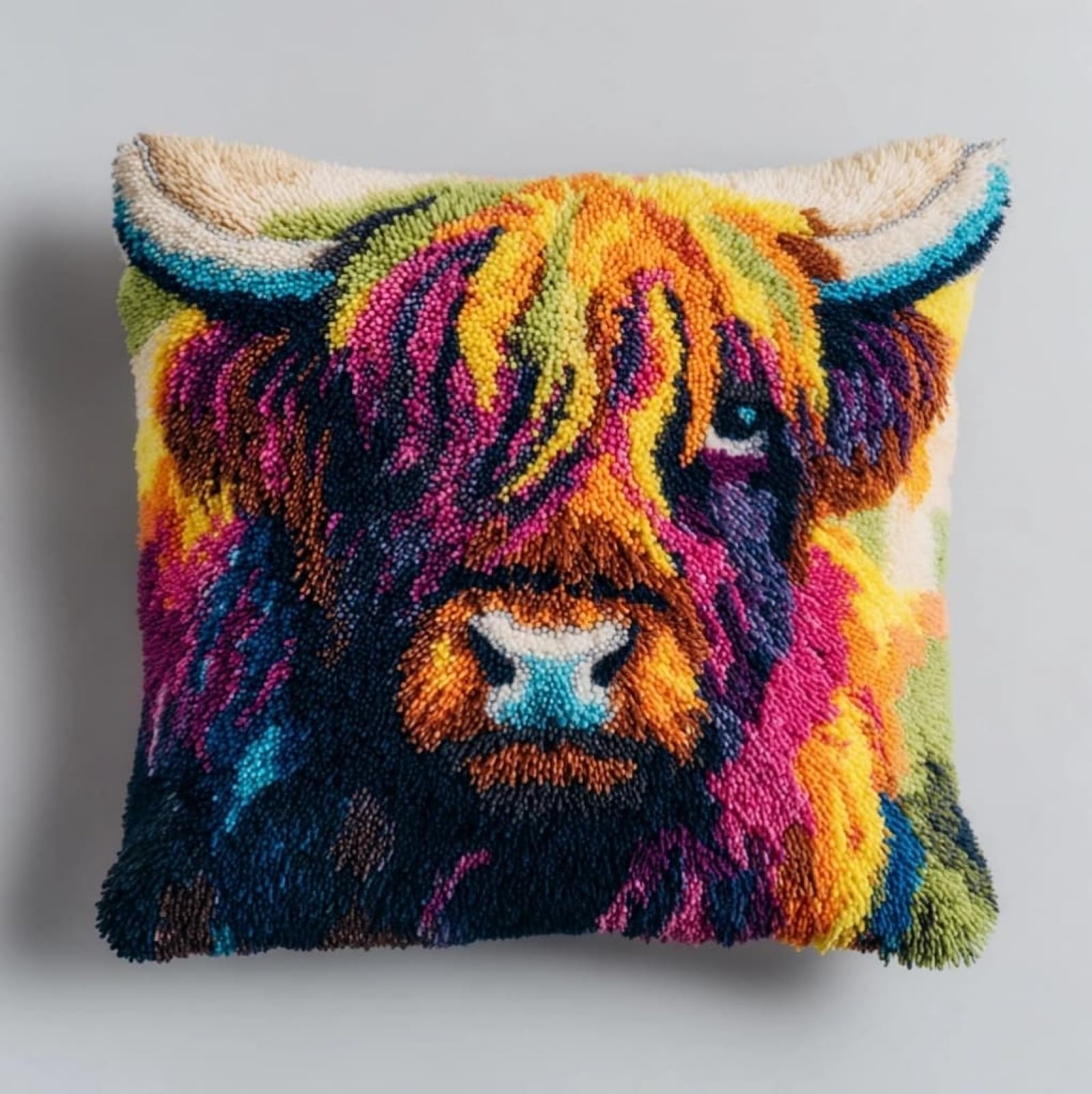 AxiangziK DIY Latch Hook Pillow Kits for Adults,Highland Cattle Printed Pillowcase Crochet Yarns Hooking Handmade Pillow Cover Cushion for Home Sofa Decoration 17x17inch