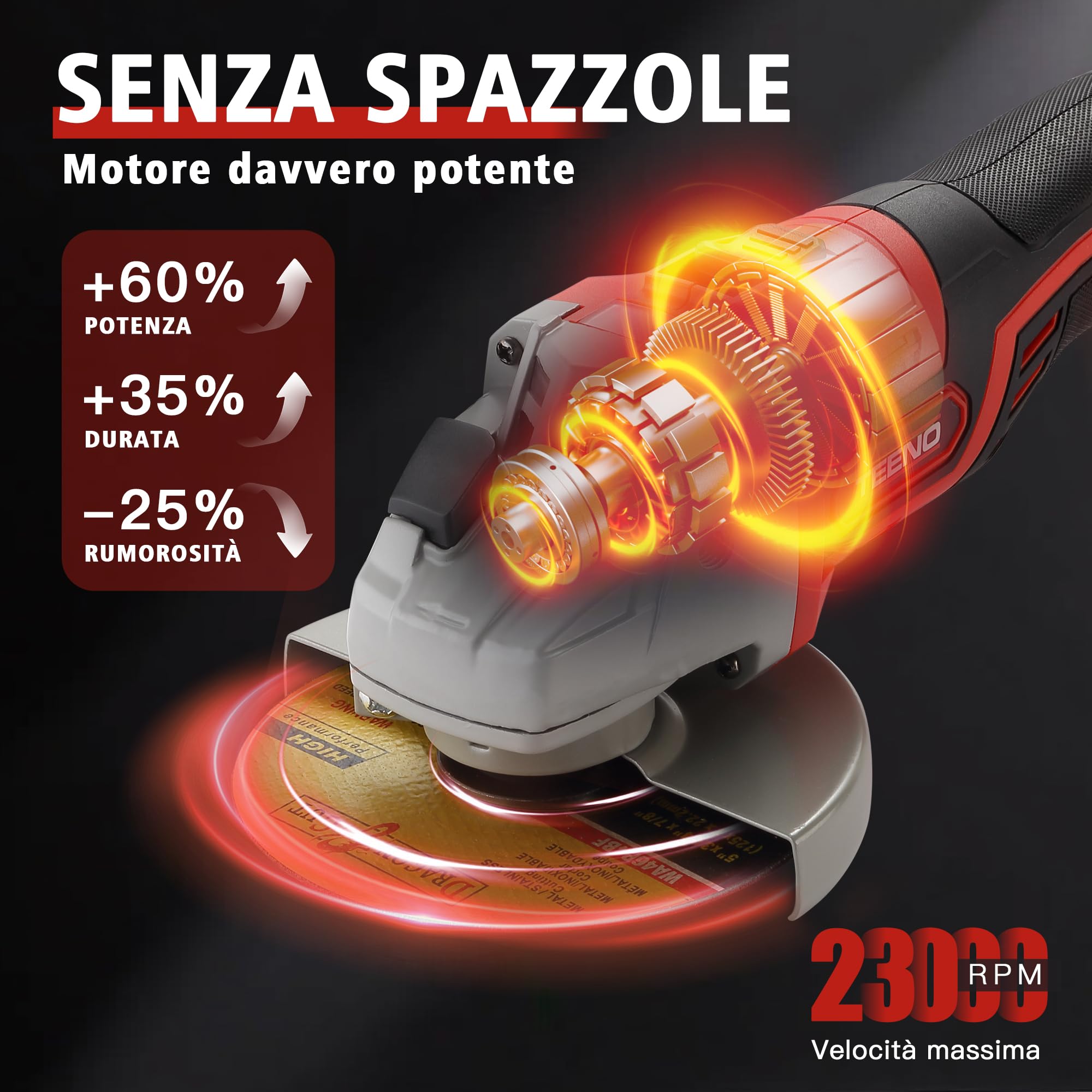 TEENO Smerigliatrice a Batteria 9100 RPM丨21V丨1000W Motore Brushless | 1000W丨dotata di 2 batterie da 4.0Ah丨velocità di rotazione 9100tr/min丨con valigetta porta attrezzi inclusa
