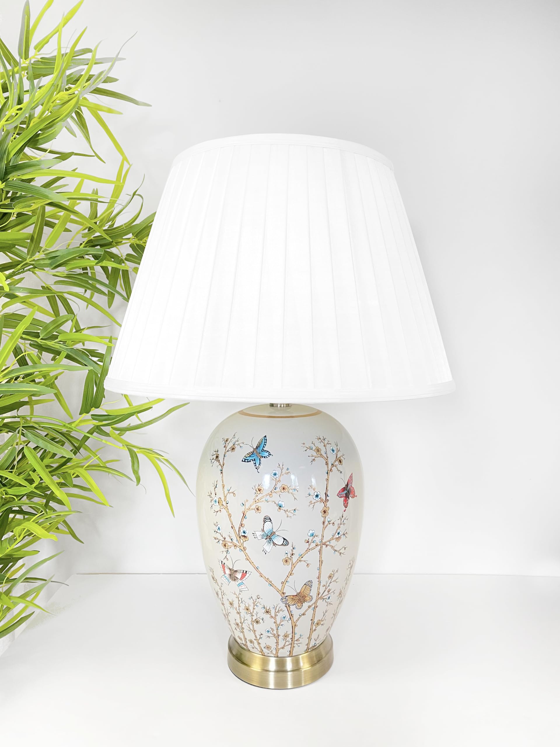 DOWNTON INTERIORS Large Grey Oriental Ceramic Table Lamp Red Blue Butterfly Pattern Overall Height 62cm (G2104) (White Pleated Shade)