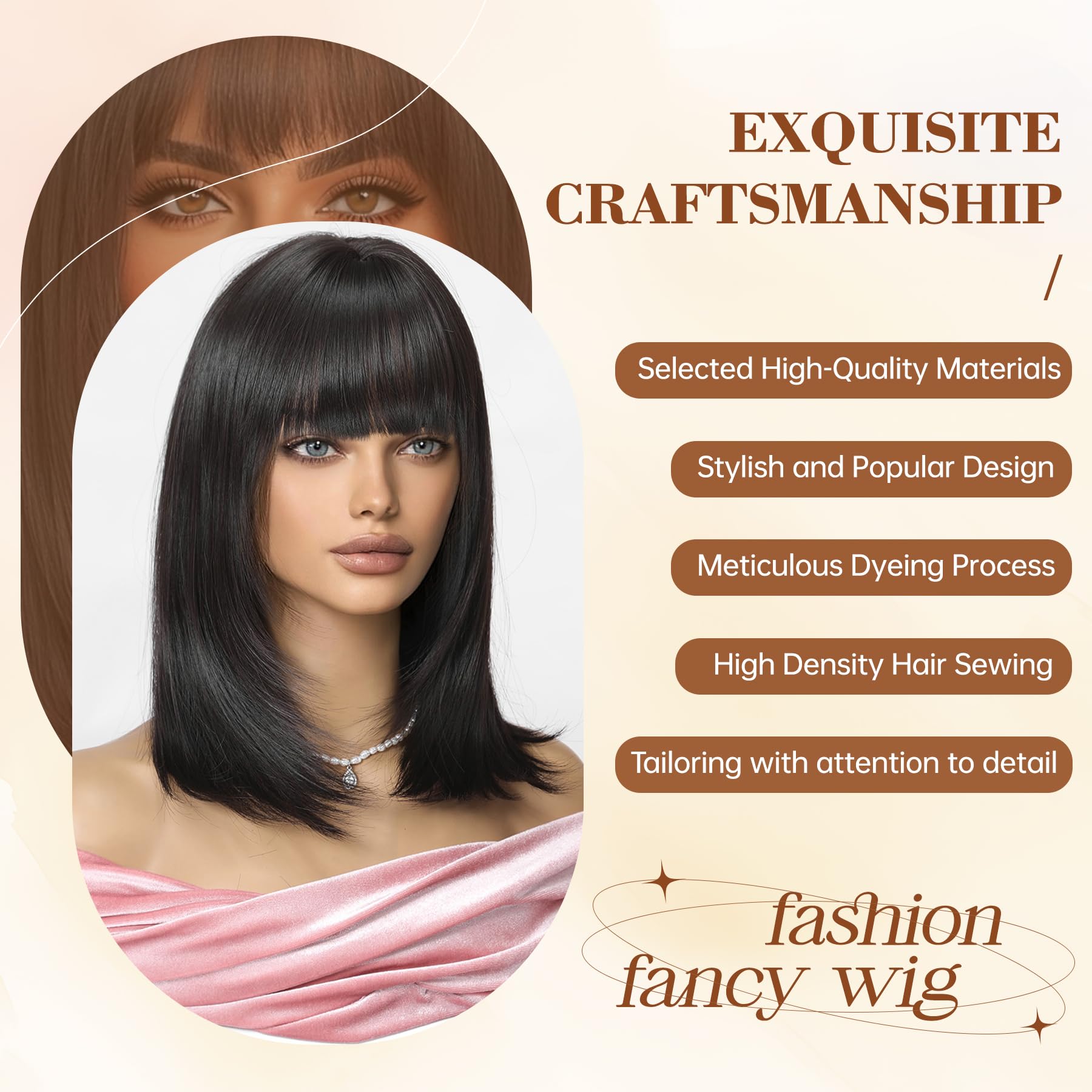 OMELPIS Short Pure Black Straight Wig with Bangs Natural Shoulder Length Bob Heat Resistant Synthetic Fiber Wigs for Women Pure Colored Layered Hair for Daily Dating Family Gathering Party 36cm