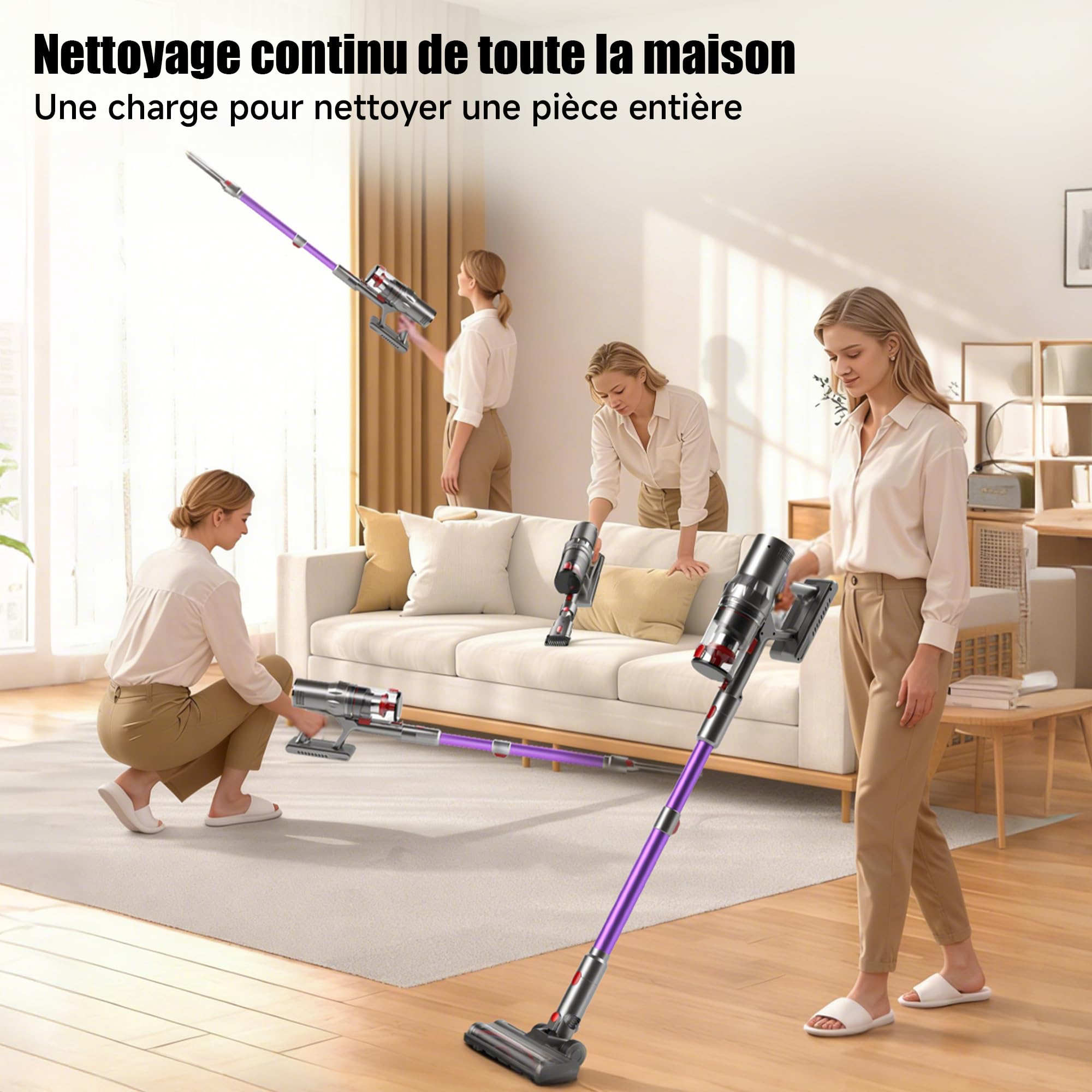 Hearten Aspirateur Balai sans Fil, 70000 Pa/70 Min, Ultra-Silencieux, avec Écran LED, Brosse Anti-Emmêlement en V, Utilisation Simplifiée, Tient Debout, pour Tapis, Sols Durs et Animaux